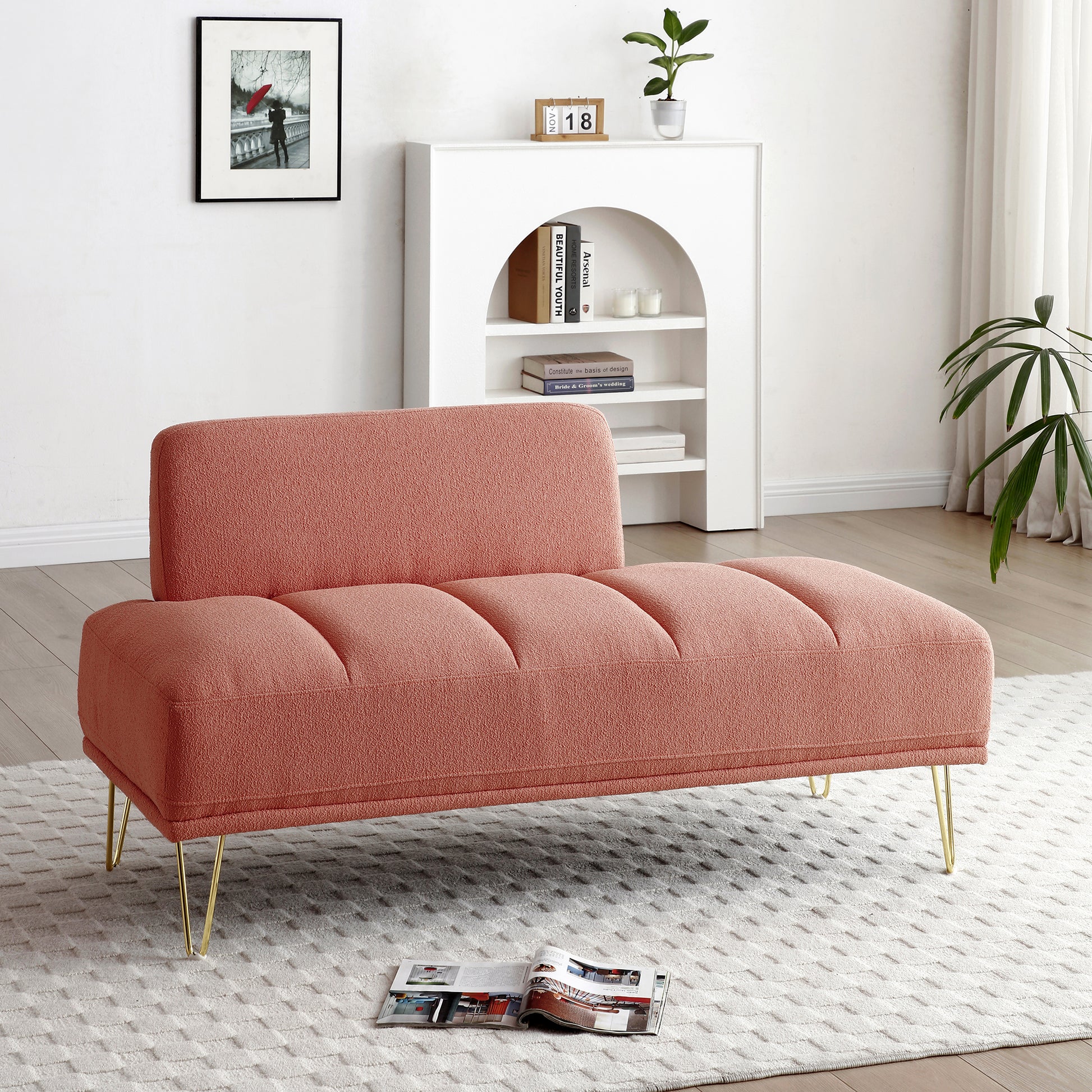 56.3"Inch Width Modern End Of Bed Bench,Teddy Fabric Upholstered 2 Seater Sofa Couch Entryway Ottoman Bench, Fuzzy Sofa Stool Footrest Window Bench With Gold Metal Legs For Bedroom, Living Room,Pink Pink Wood Modern Foam Teddy 2 Seat