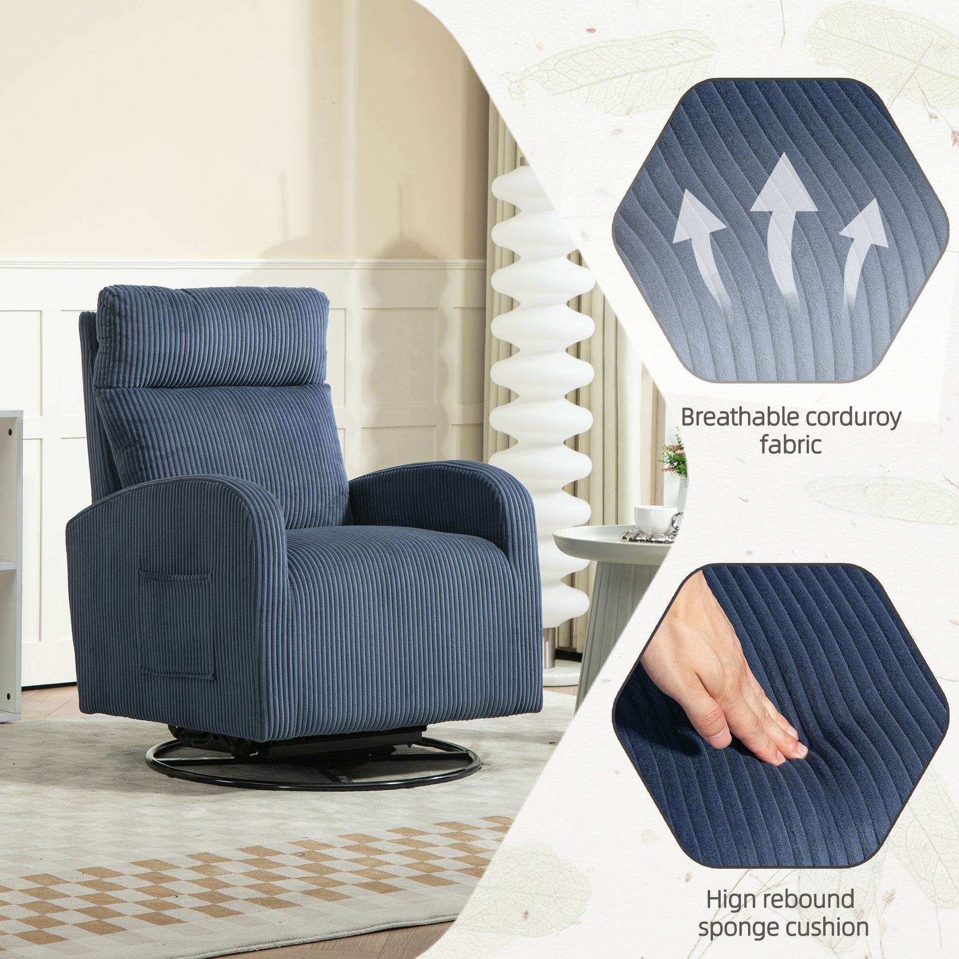 Jiada Upholstered Swivel Glider.Flannel Fabric.Rocking Chair For Nursery In Navy Blue.Modern Style One Left Bag Navy Blue Primary Living Space Foam Corduroy