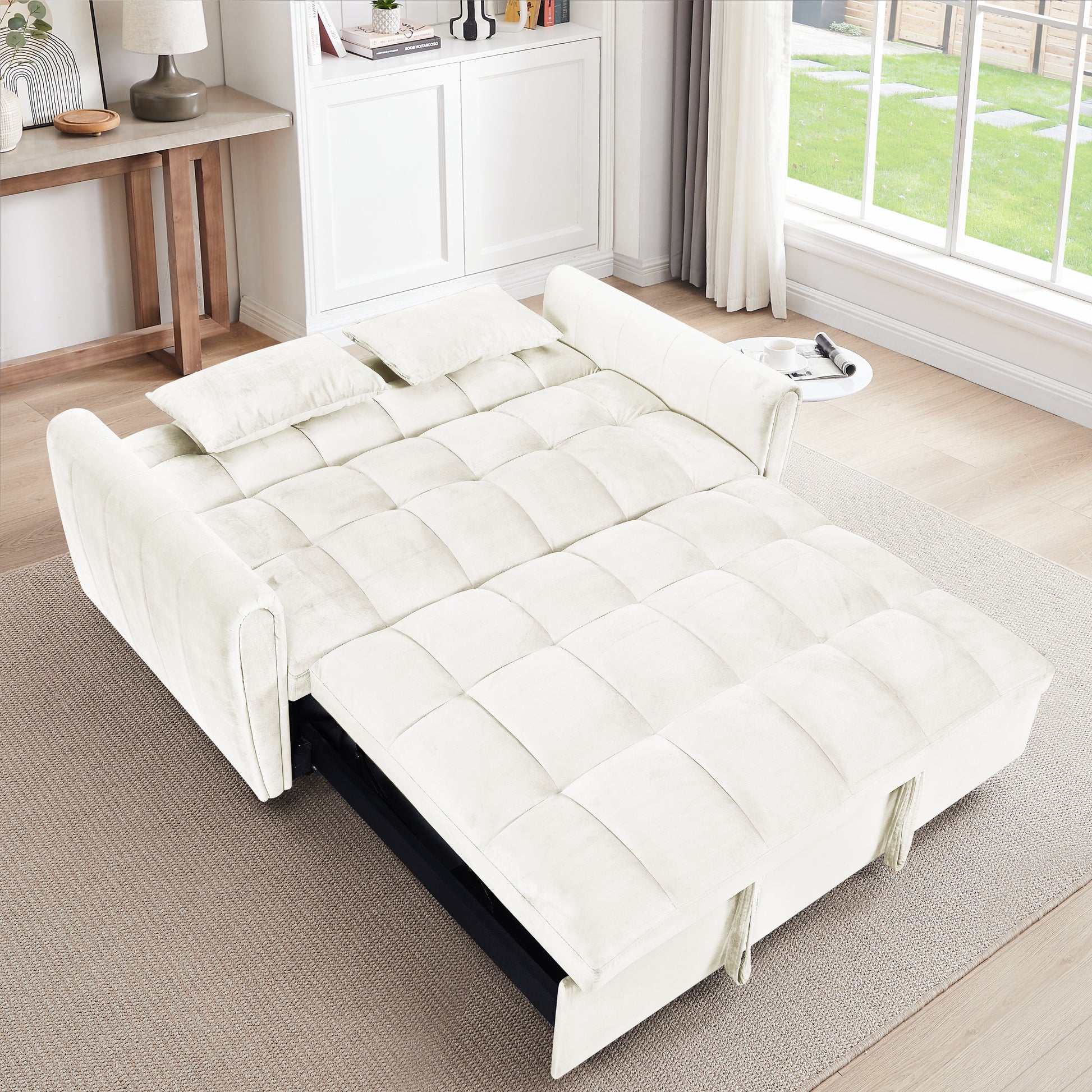 64.9"3 In 1 Foldable Large Size Sofa Bed, Modern Velvet Double Sofa, Sofa Bed With Adjustable Back, Storage Bag And Pillow, Suitable For Living Room, Bedroom Beige Light Brown Wood Primary Living