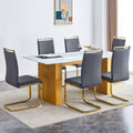 Table And Chair Set.Large Modern Rectangular Table With 0.4 Inch Patterned Glass Tabletop And Large Mdf Table Legs.Comes With 6 Chairs With Faux Leather Cushioned Seats And Golden Metal Legs. Gold White Seats 6 Mdf Glass