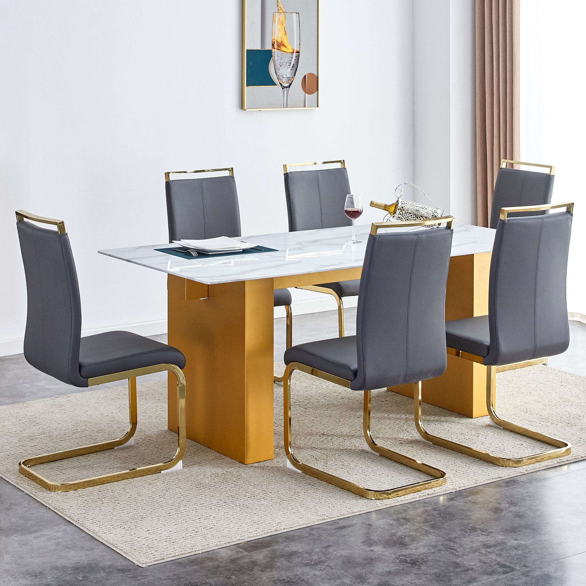 Table And Chair Set.Large Modern Rectangular Table With 0.4 Inch Patterned Glass Tabletop And Large Mdf Table Legs.Comes With 6 Chairs With Faux Leather Cushioned Seats And Golden Metal Legs. Gold White Seats 6 Mdf Glass