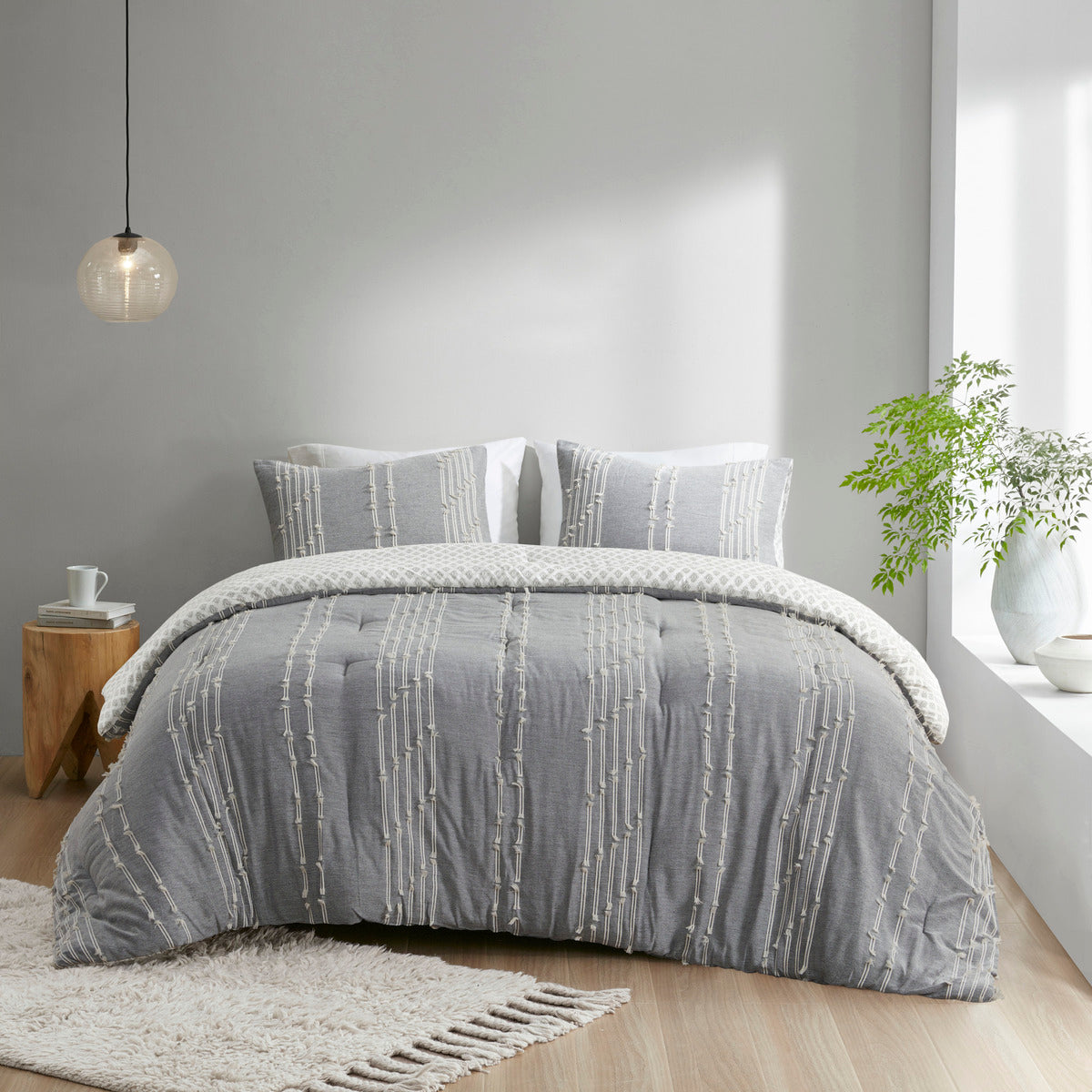 3 Piece Cotton Jacquard Comforter Set Gray Full Queen Queen Gray Cotton