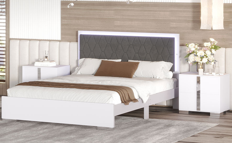 Queen Size Upholstered Bed With Led Light,Modern Platform Bed With With Velvet Headboard,White Queen White Mdf