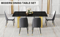 Table And Chair Set.The Table Has A Glass Top With Imitation Marble Pattern Stickers And Stainless Steel Golden Legs. Paried With Chairs With Pu Artificial Leather Backrest Cushions And Black Legs. Black Gold Seats 6 Glass Metal