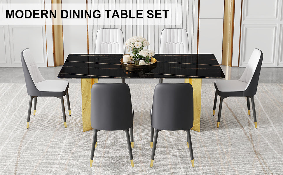Table And Chair Set.The Table Has A Glass Top With Imitation Marble Pattern Stickers And Stainless Steel Golden Legs. Paried With Chairs With Pu Artificial Leather Backrest Cushions And Black Legs. Black Gold Seats 6 Glass Metal