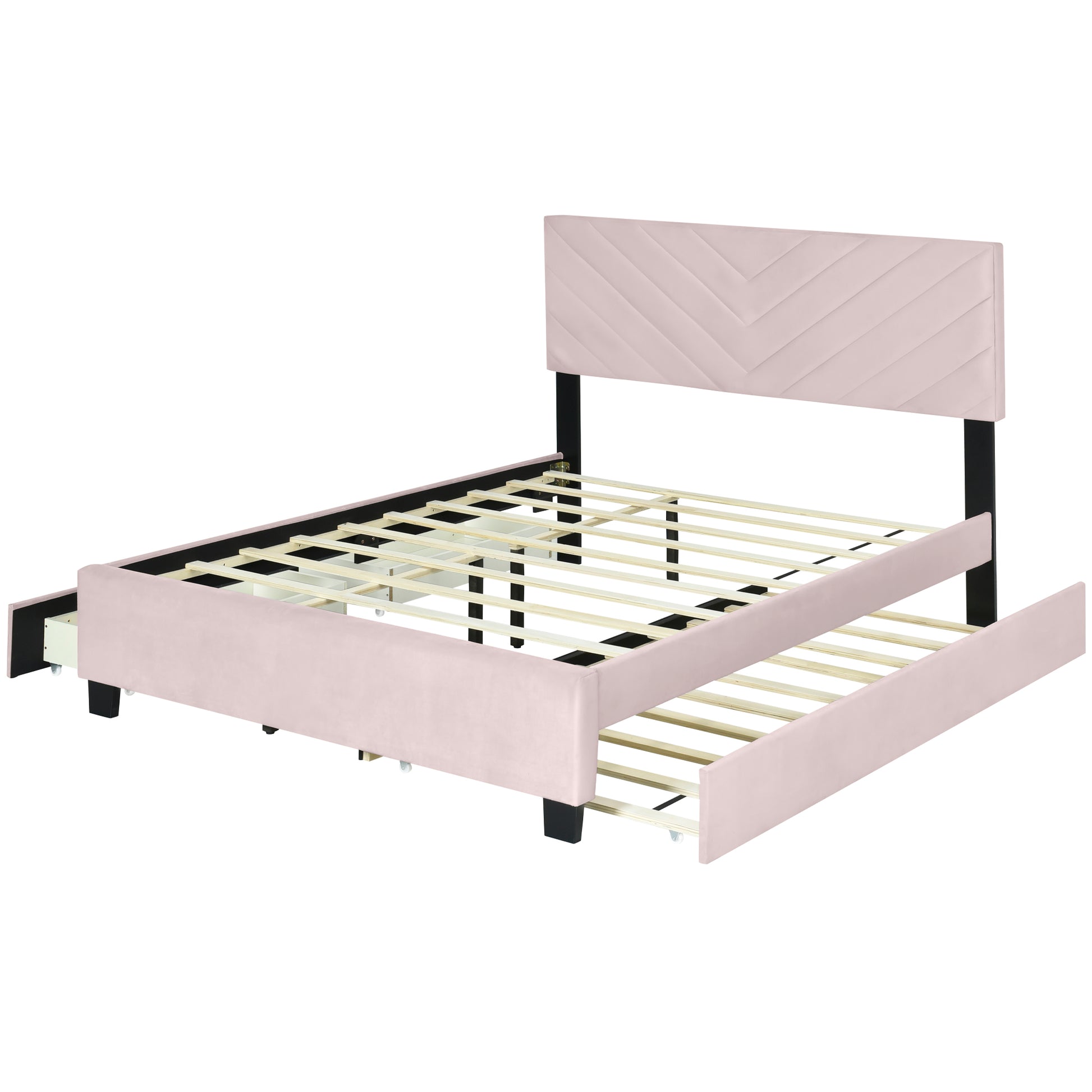 Queen Size Upholstered Platform Bed With Twill Headboard, Pullout Bed And Two Drawers, Flannel,Pink Queen Pink Mdf Lvl