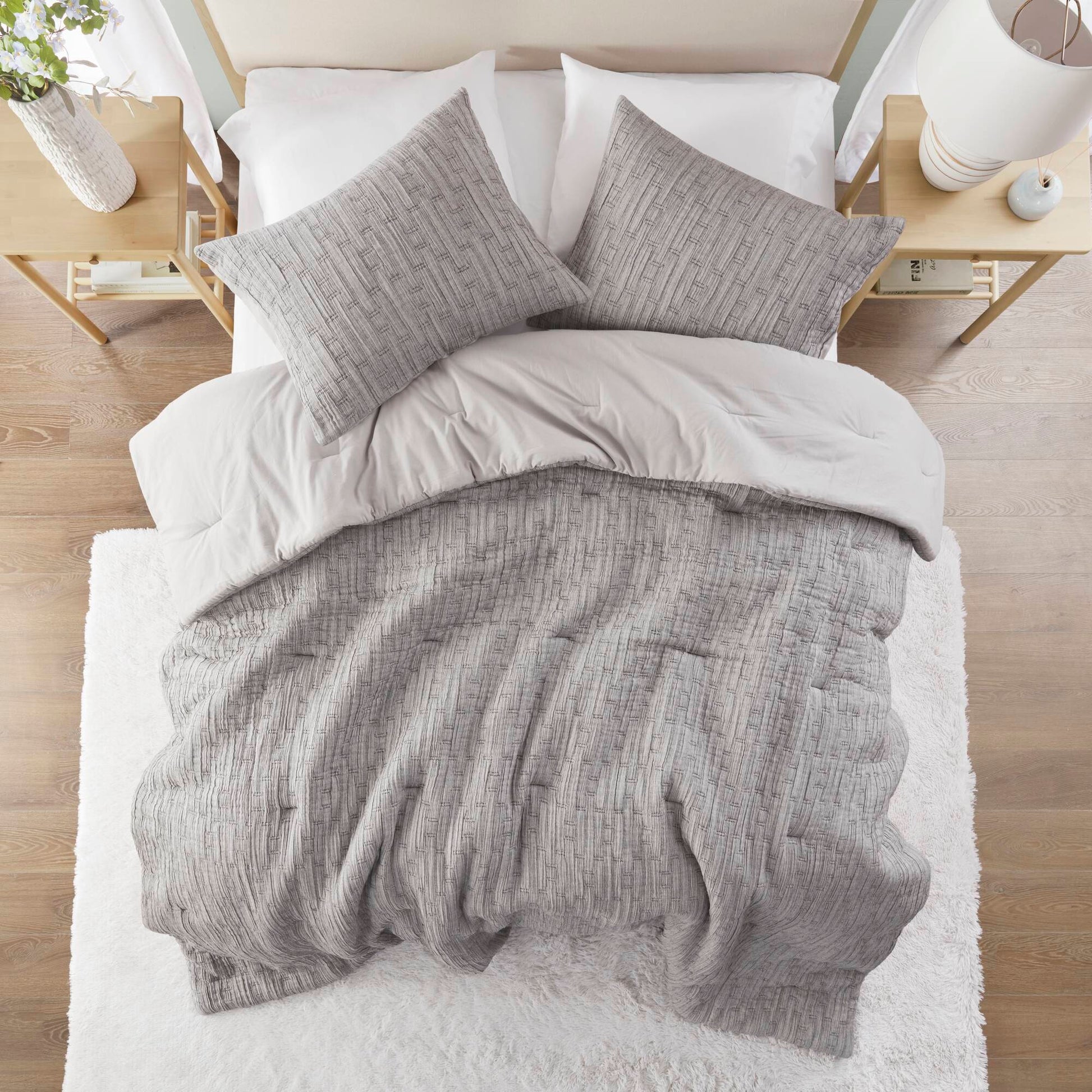 3 Piece Oversized Comforter Set Full Queen Grey Polyester