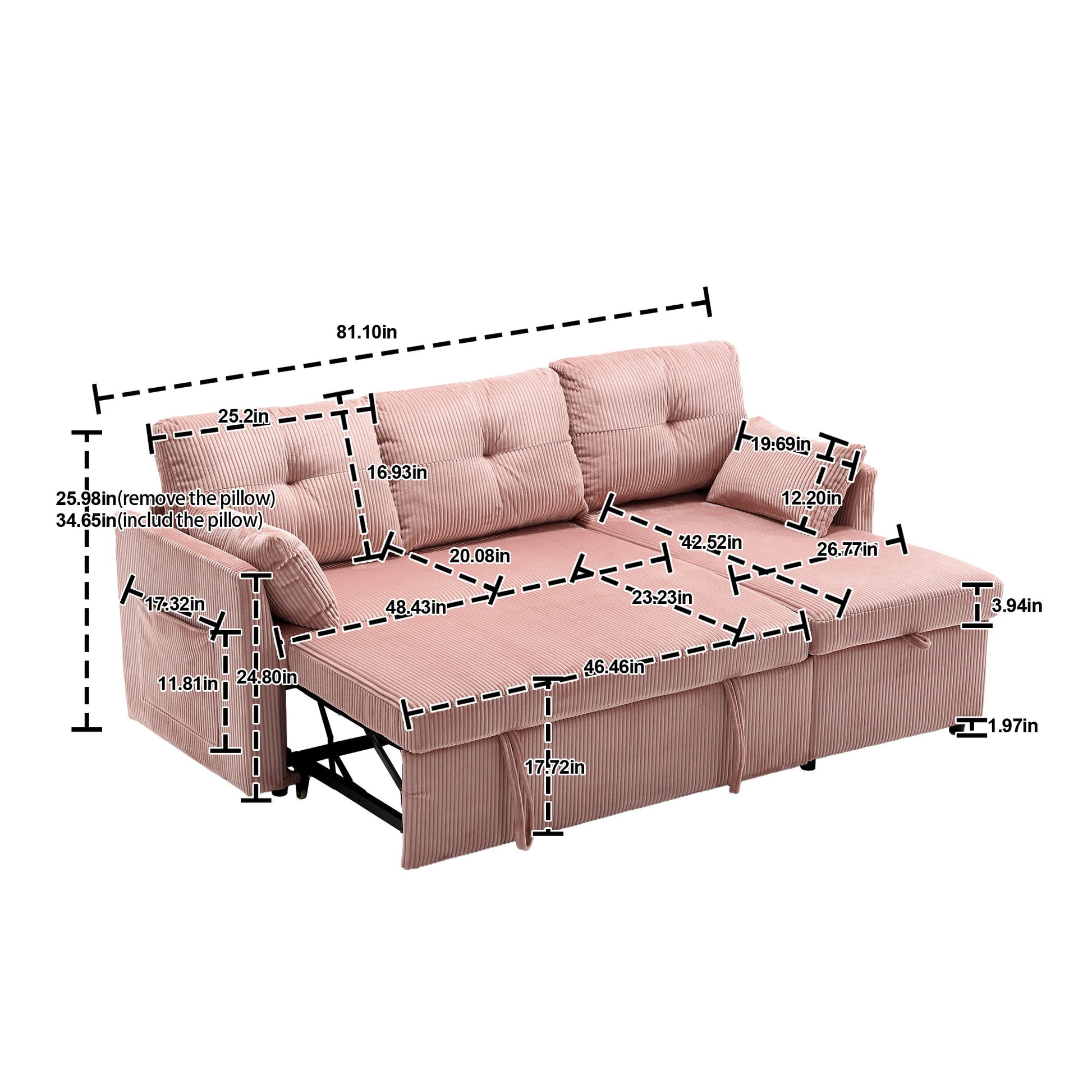 United We Win Furniture, Modular L Shaped Sofa, Modular Long Sofa With Reversible Chaise Lounge, Sofa Bed, Sleeper Sofa, Modular Sofa Combination With Storage Seats. Pink Velvet 3 Seat
