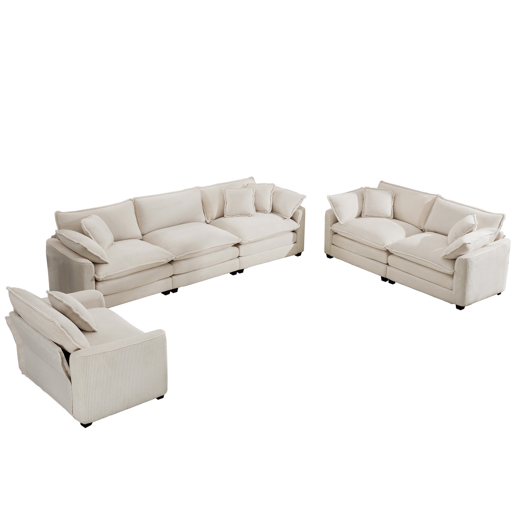 Modern Fabric Living Room Sofa 2 Piece Set, Two 2 Seater Sofa And One 3 Seater Sofa, Upholstery Large Deep Seat Set Of 3 Sofas With Comfortable Cushions And Pillows, Light Beige Corduroy Fabric Beige Corduroy 7 Seat