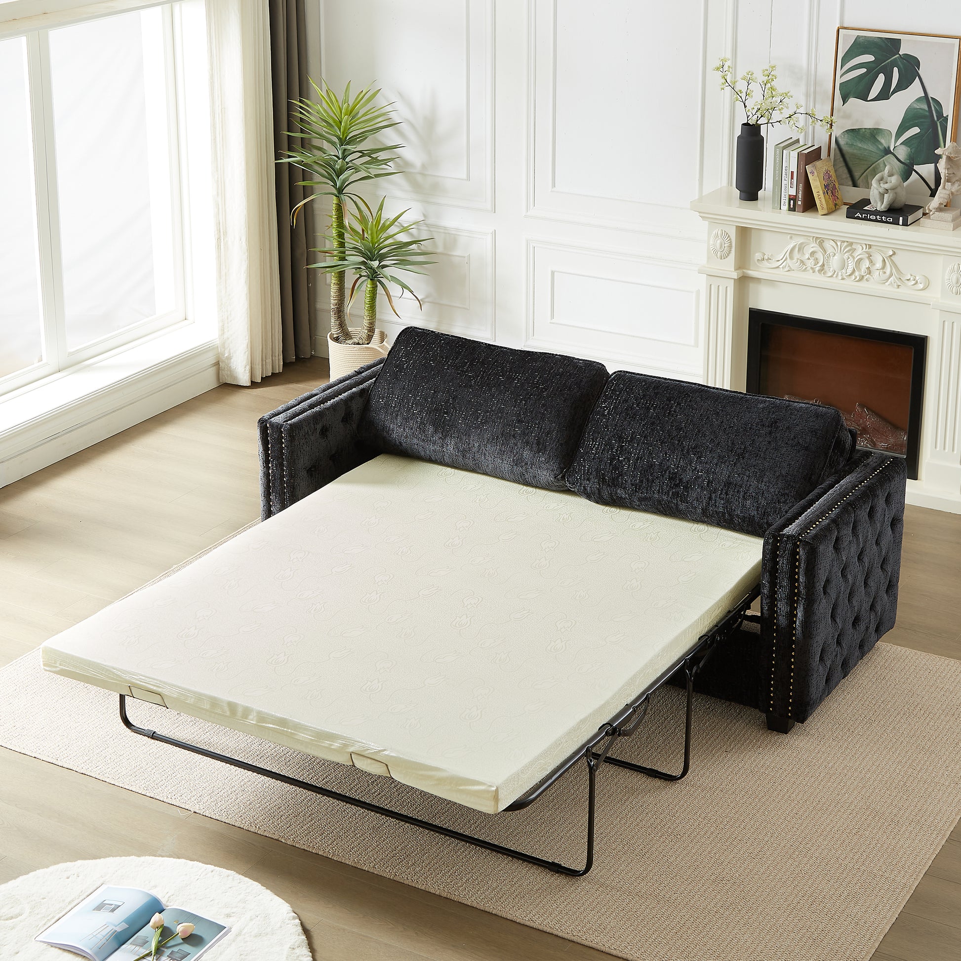 Convertible Sleeper Sofa With Memory Foam Mattress, 3 Seater Full Size Bed Couch For Living Rooms, Designed With Chenille Fabric Black Chenille 3 Seat