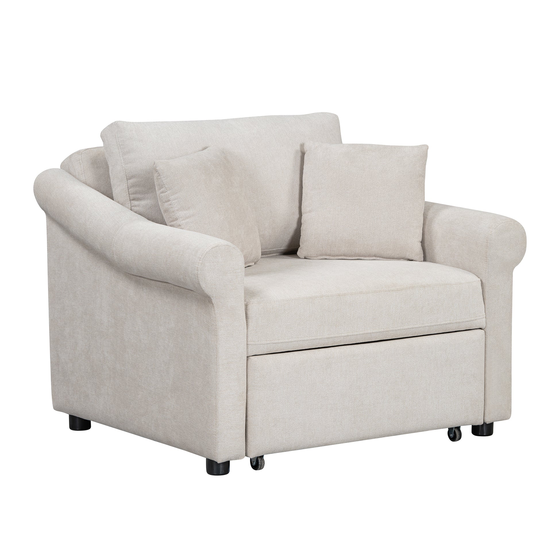 Chenille Convertible Sleeper Chair With Adjustable Backrest, 3 In 1 Lounger Chair Turns Into Bed, Single Bed For Living Room, Beige Beige Chenille