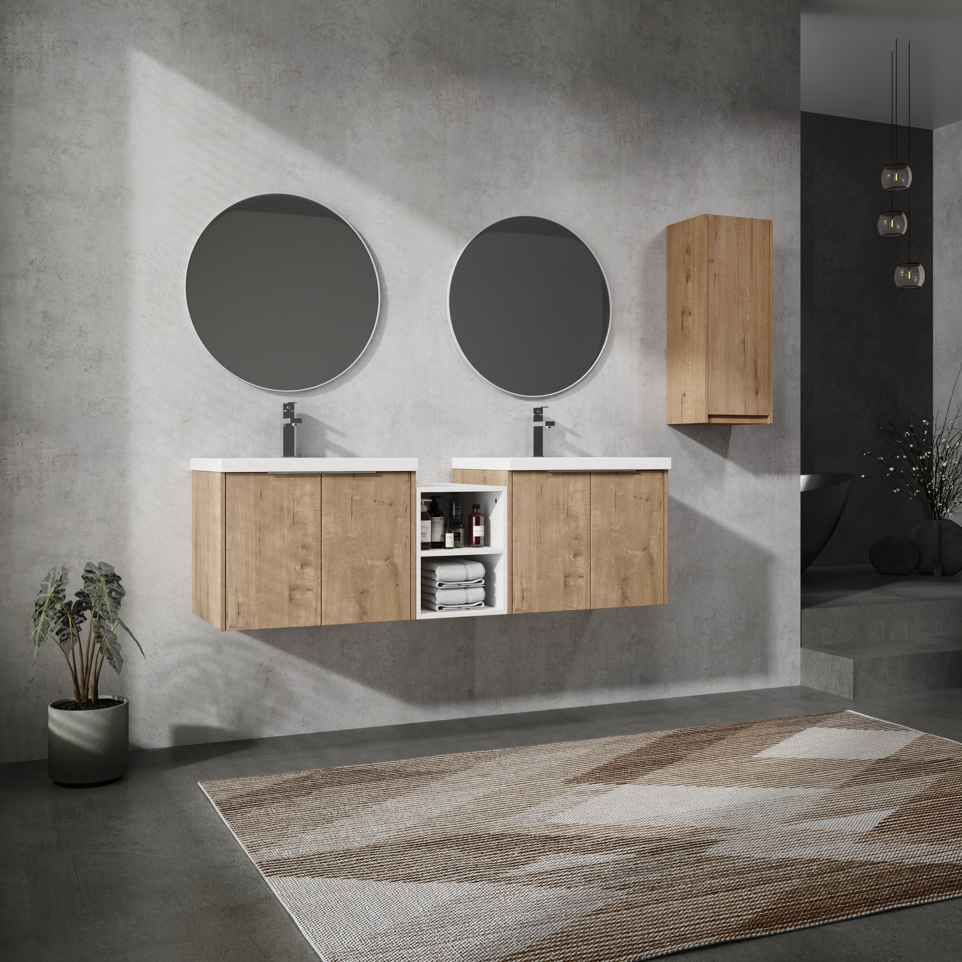 60" Wall Mounted Bathroom Vanity With Sink And Side Cabinet, Soft Close Doors,00112Imox1 0624Imox2 0612Gwh Combination Cabinet Kd Packing Imitative Oak Bathroom Modern Plywood Plywood