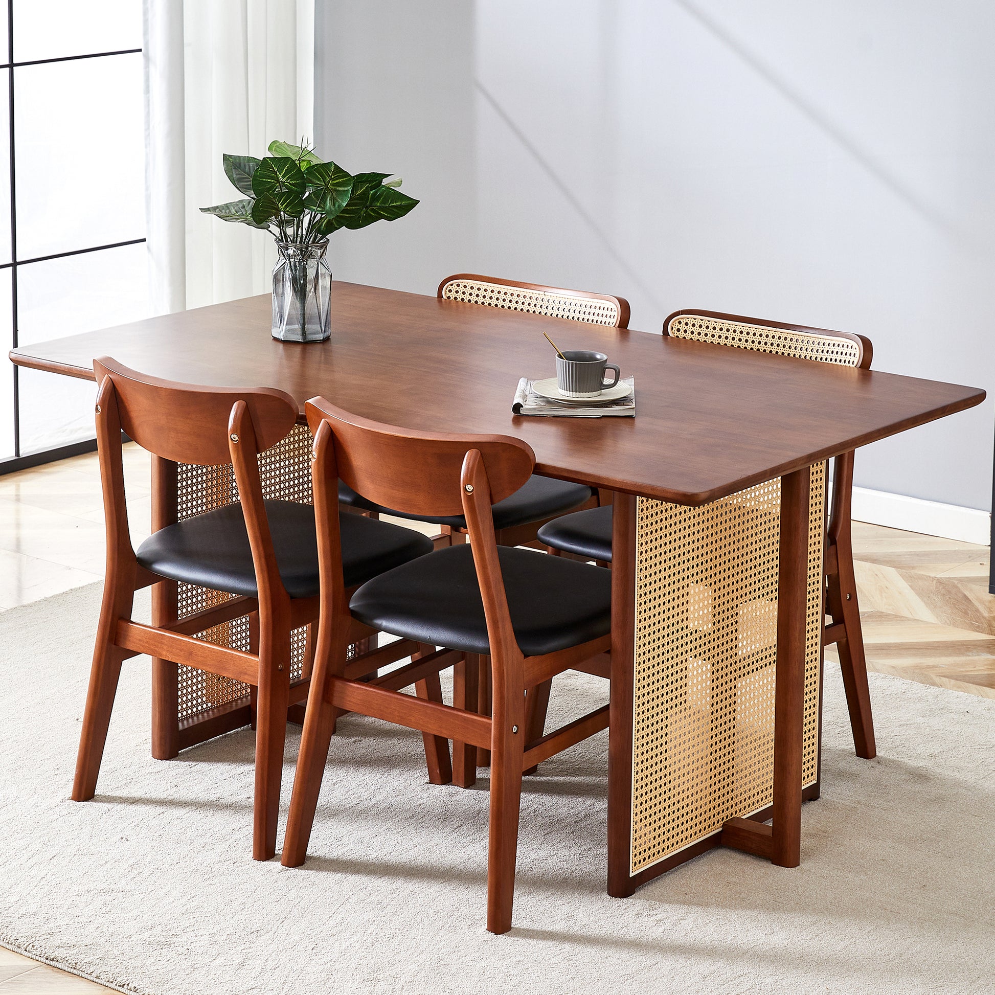 Table And Chair Set, Ancient Style Solid Wood Dining Table, Imitation Rattan Table Legs, Beautiful Simple Solid Wood Dining Chair, Perfect For Dinner, Meetings, Home And Office Decoration Walnut Rubber Wood