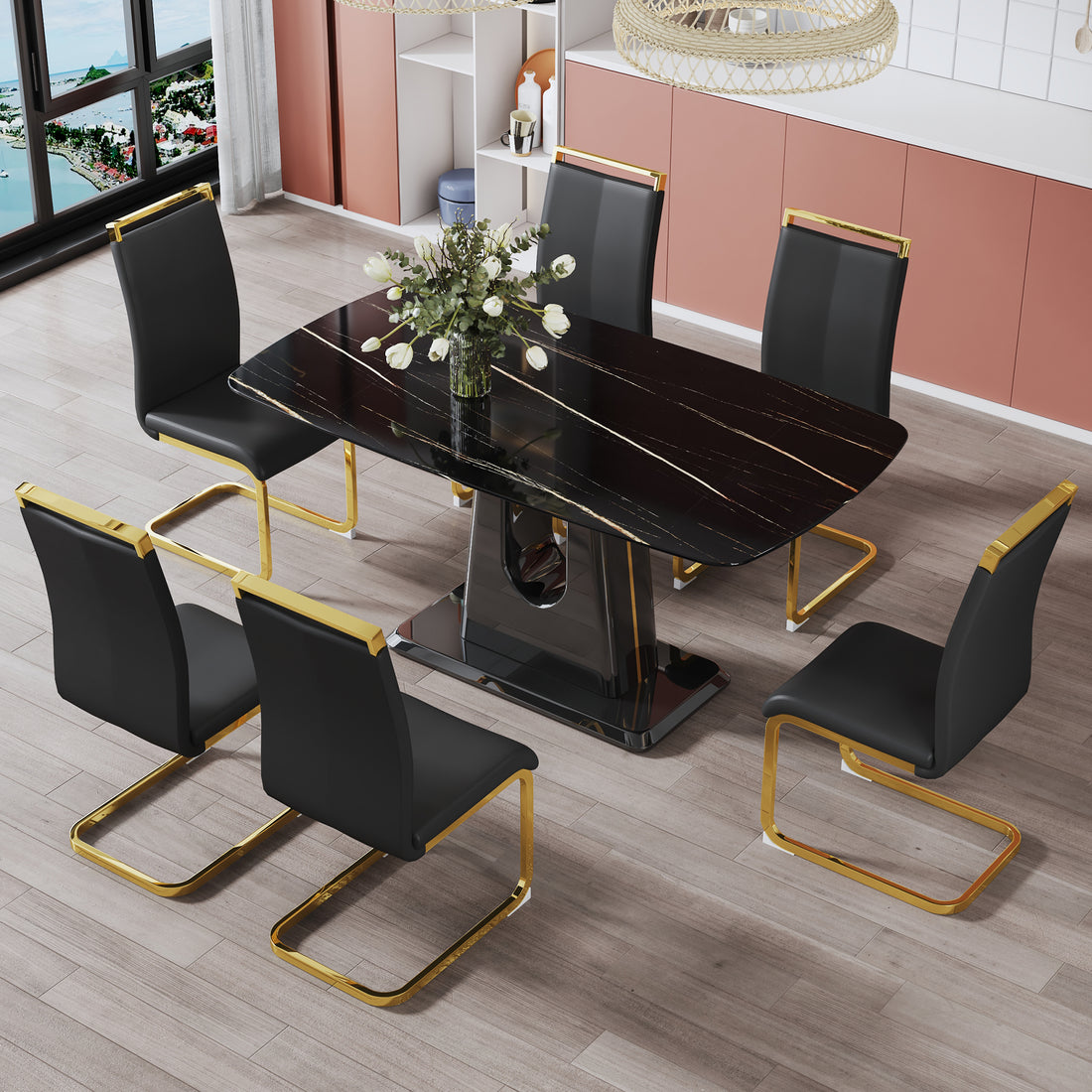 1 Table And 6 Chairs. Modern, Simple And Luxurious Black Imitation Marble Rectangular Dining Table And Desk With 6 Black Pu Gold Plated Leg Chairs 63'' X 35.4'' X 30'' Black Mdf