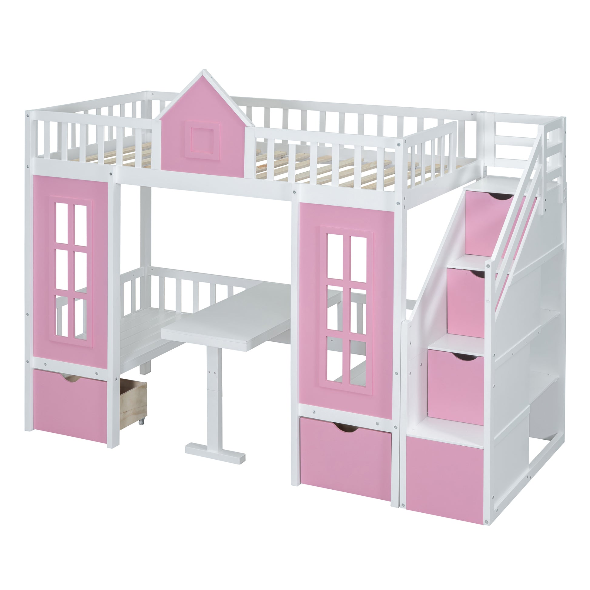 Twin Over Twin Bunk Bed With Changeable Table, Bunk Bed Turn Into Upper Bed And Down Desk Pink Twin Pink Solid Wood