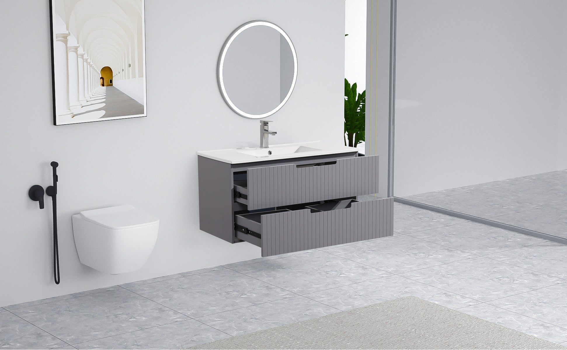 36 Inch Floating Bathroom Vanity With Ceramic Sink Set, Modern Bath Storage Cabinet Vanity With Drawers Wall Mounted Combo For Bathroom, Gray Grey Mdf