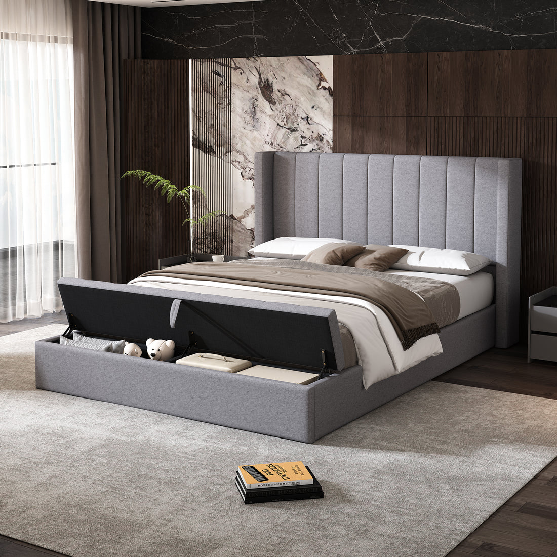 Queen Size Platform Bed With Headboard, Upholstered Platform Bed With Storage, Grey Box Spring Not Required Queen Grey Wood Bedroom Storage Included Foam Polyester Fabric,Plywood,Steel,Upholstered