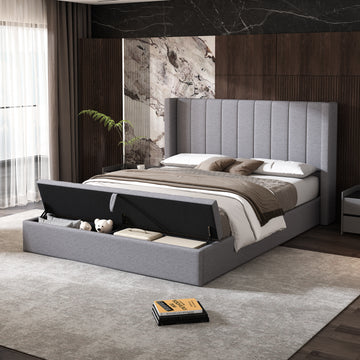 Queen Size Platform Bed With Headboard, Upholstered Platform Bed With Storage, Grey Box Spring Not Required Queen Grey Wood Bedroom Storage Included Foam Polyester Fabric,Plywood,Steel,Upholstered
