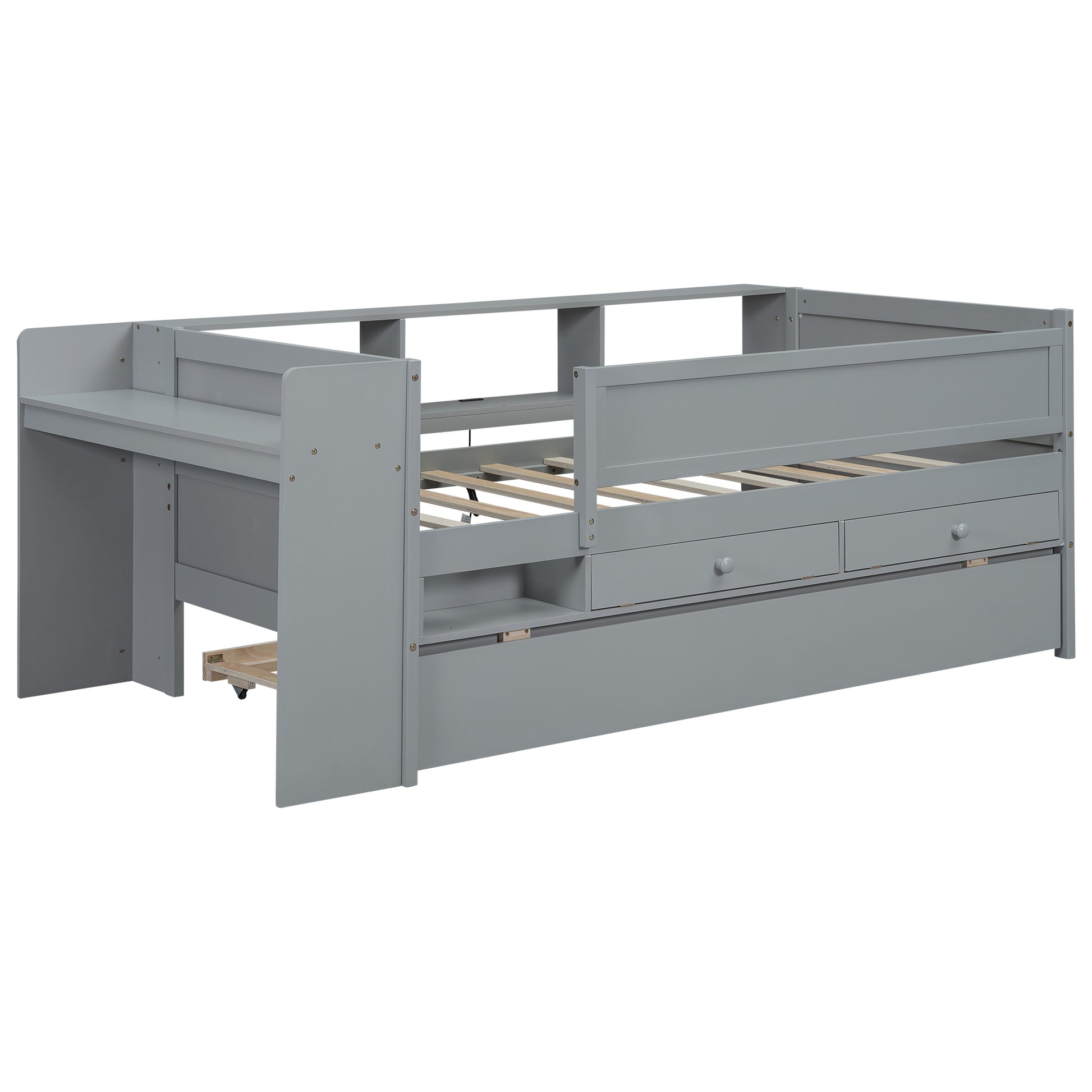 Multi Functional Twin Daybed With Drawers And Trundle, Headboard Storage And Tables, Usb Charging Station, Gray Box Spring Not Required Twin Gray Wood Daybeds Pine