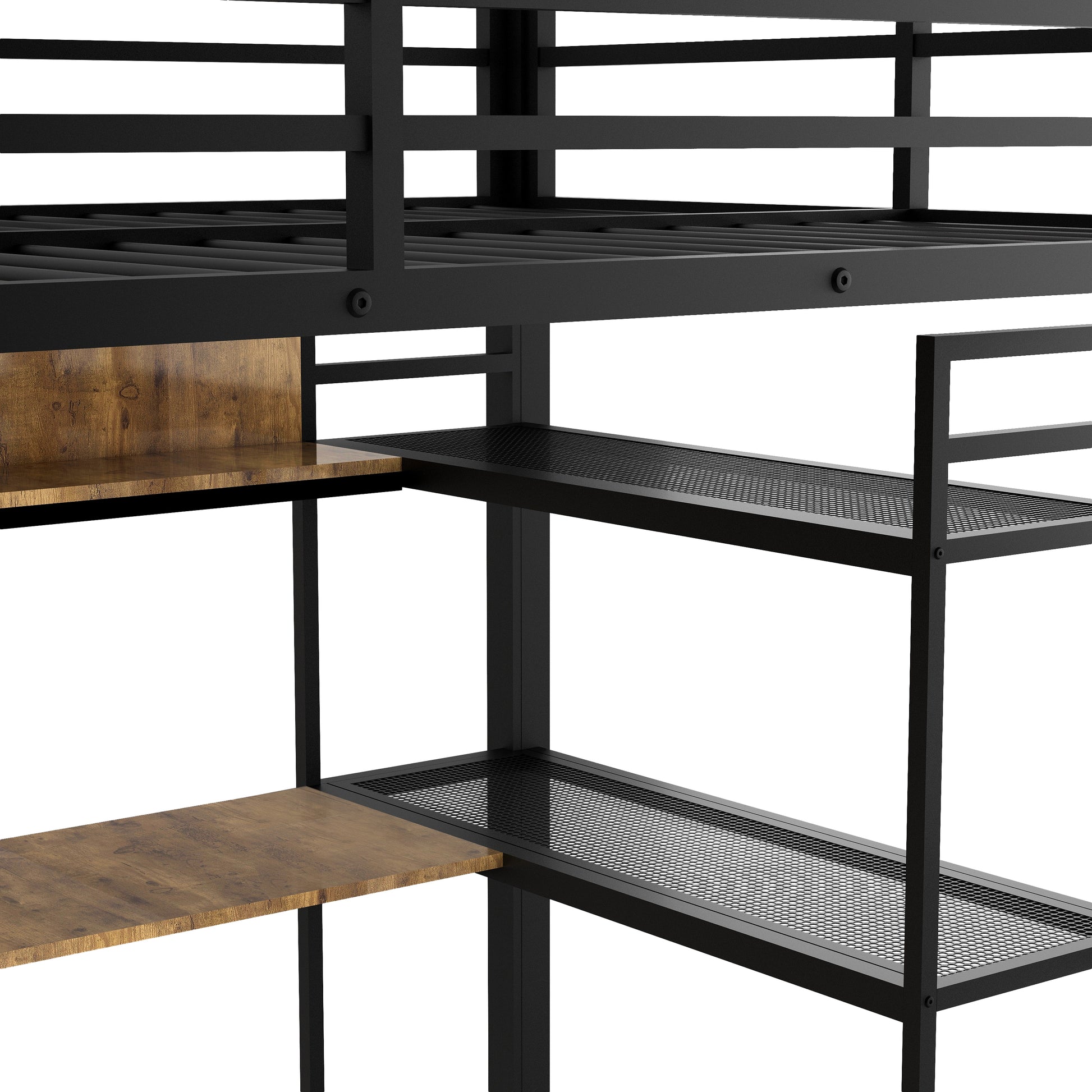 Full Size Metal Loft Bed With Built In Wardrobe, Drawer, Desk And Shelves, Black Expected Arrival Time: 9.7 Box Spring Not Required Full Black Metal Wood Metal