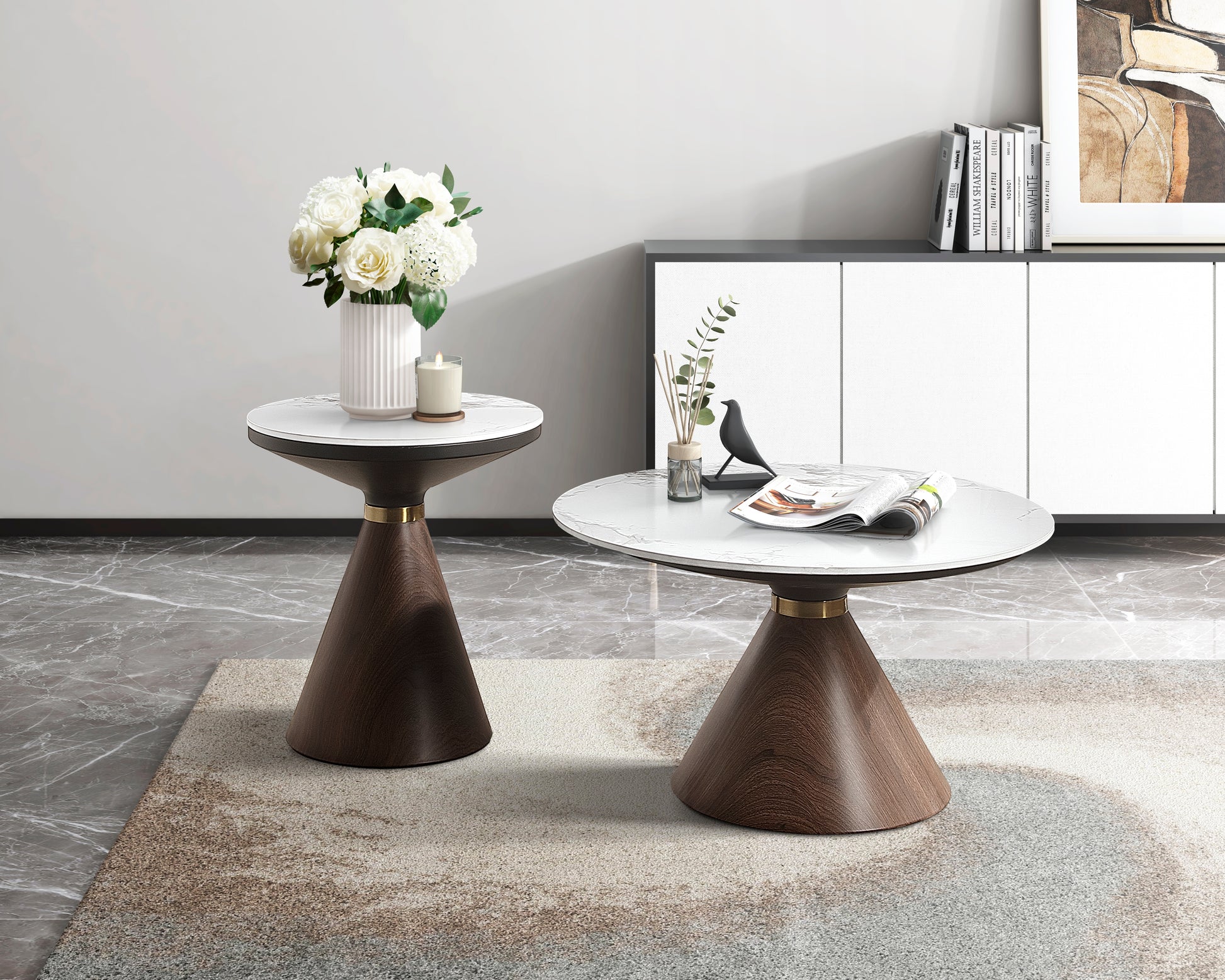 Luxury Living Room Furniture 1Pc Cocktail Table White Sintered Stone Top Decorative Oak Finish Wood With Gold Tone Metal Band Oak Primary Living Space Luxury,Modern Round Coffee & End Tables