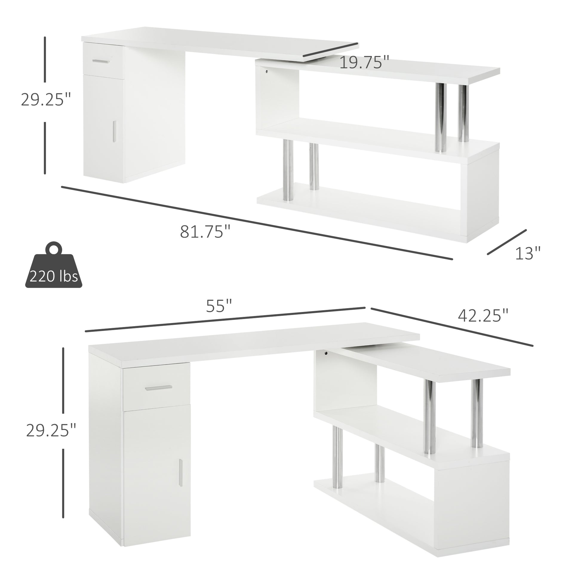 Homcom Rotating Computer Desk, 55" L Shaped Desk, Corner Desk With Storage Shelves, Cabinet And Drawer For Home Office, White White Mdf