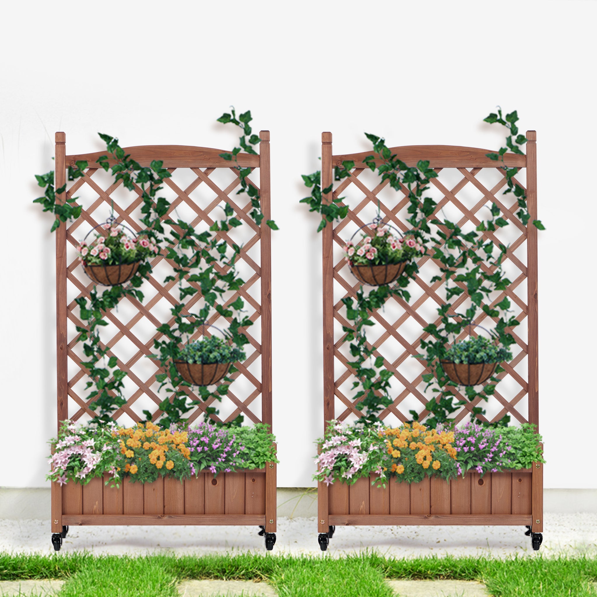 Raised Garden Bed With Trellis 2 Pack, Outdoor Wooden Planter Box & Plant Stand With Climbing Racks Brown Solid Wood