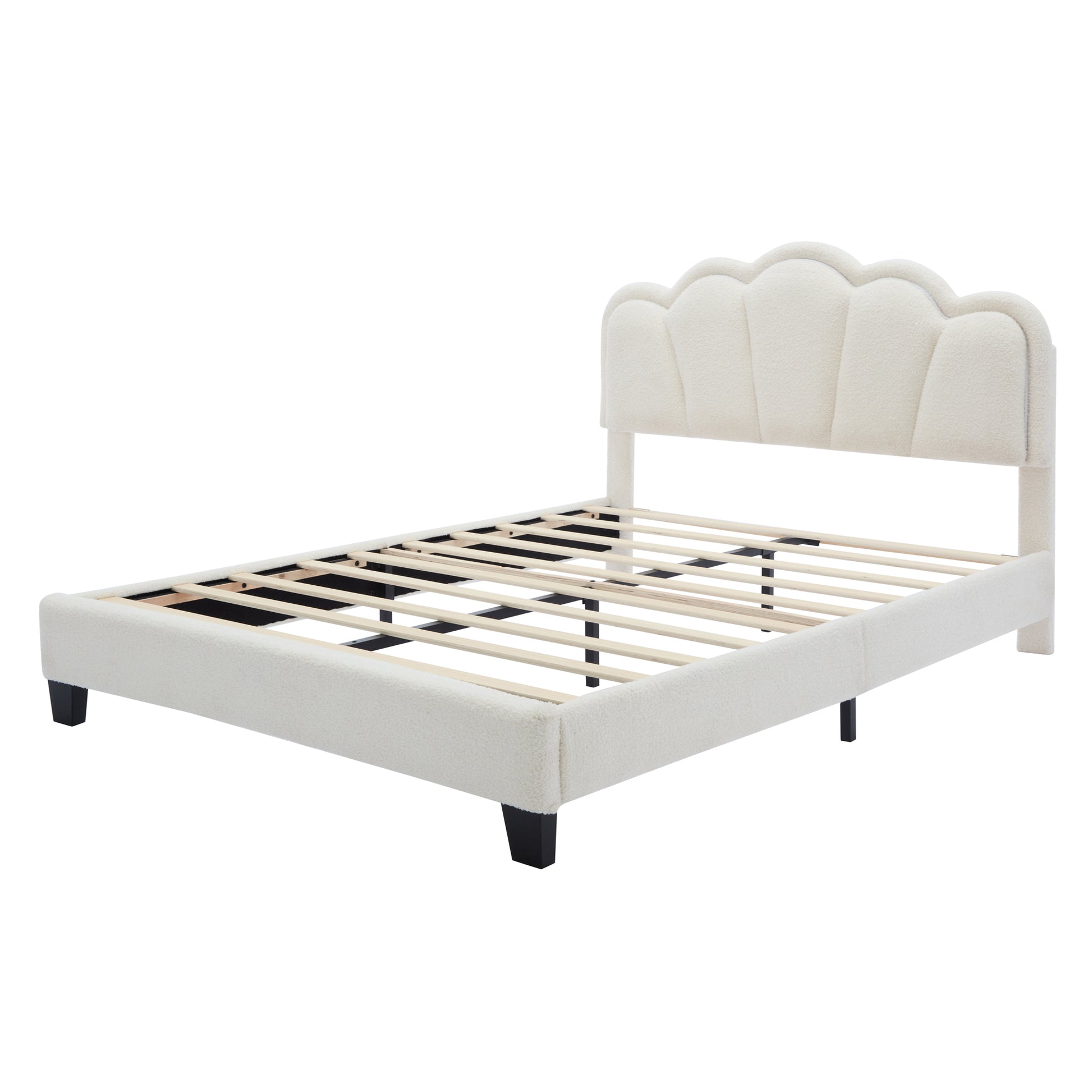 2 Pieces Bedroom Sets Full Size Flower Shaped Upholstered Led Platform Bed With Storage Ottoman Sherpa Fabric, White Full White 2 Piece Set Wood