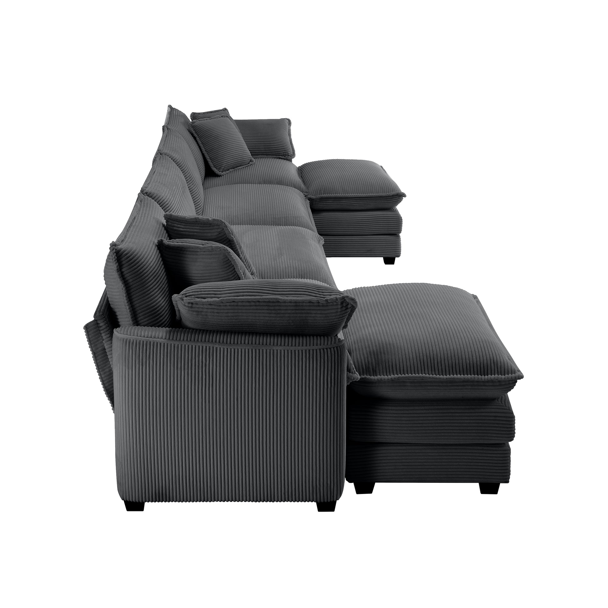 Corduroy Sofamodern Upholstered 4 Seater With 3 Footstools Corduroy Fabric Sofaoffice Living Room Apartment Comfortable Sofa, Easy To Assemble With 2 Arm Pillows And 4 Throw Pillows Grey Corduroy 4 Seat