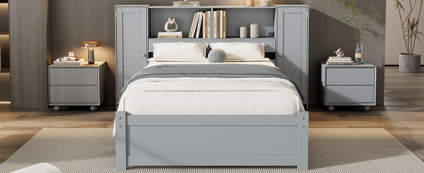 Twin Size Platform Bed With Storage Headboard And Lockers, Gray Twin Box Spring Not Required Gray Wood Bedroom Solid Wood Mdf