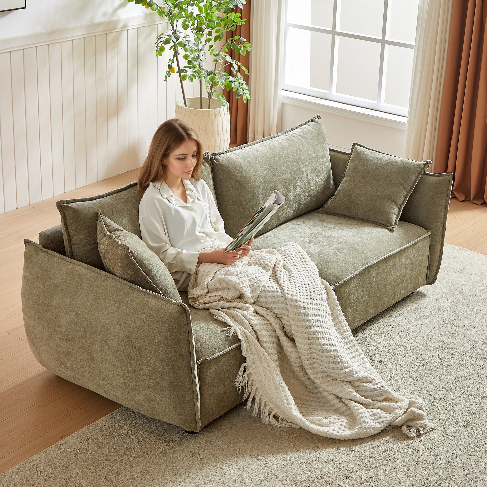 Mh88" Modern Living Room Sectional, Wide Living Room Sectional, Stylish Chenille Triple Sectional With Extra 2 Pillows, Thickly Padded Seat And Back And Armrests For Apartment, Living Room Light Green Chenille Wood Primary Living Space Pine Foam Fabric 3