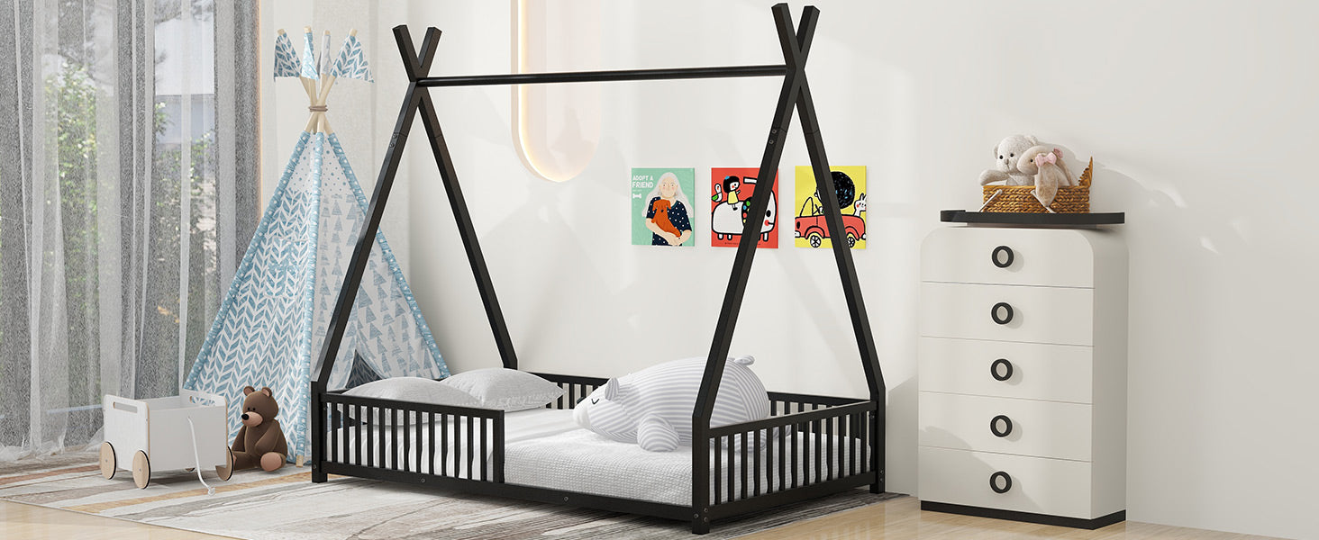 Metal Twin Size House Platform Bed With Triangle Structure And Guardrail, Black Box Spring Not Required Twin Black Metal Metal