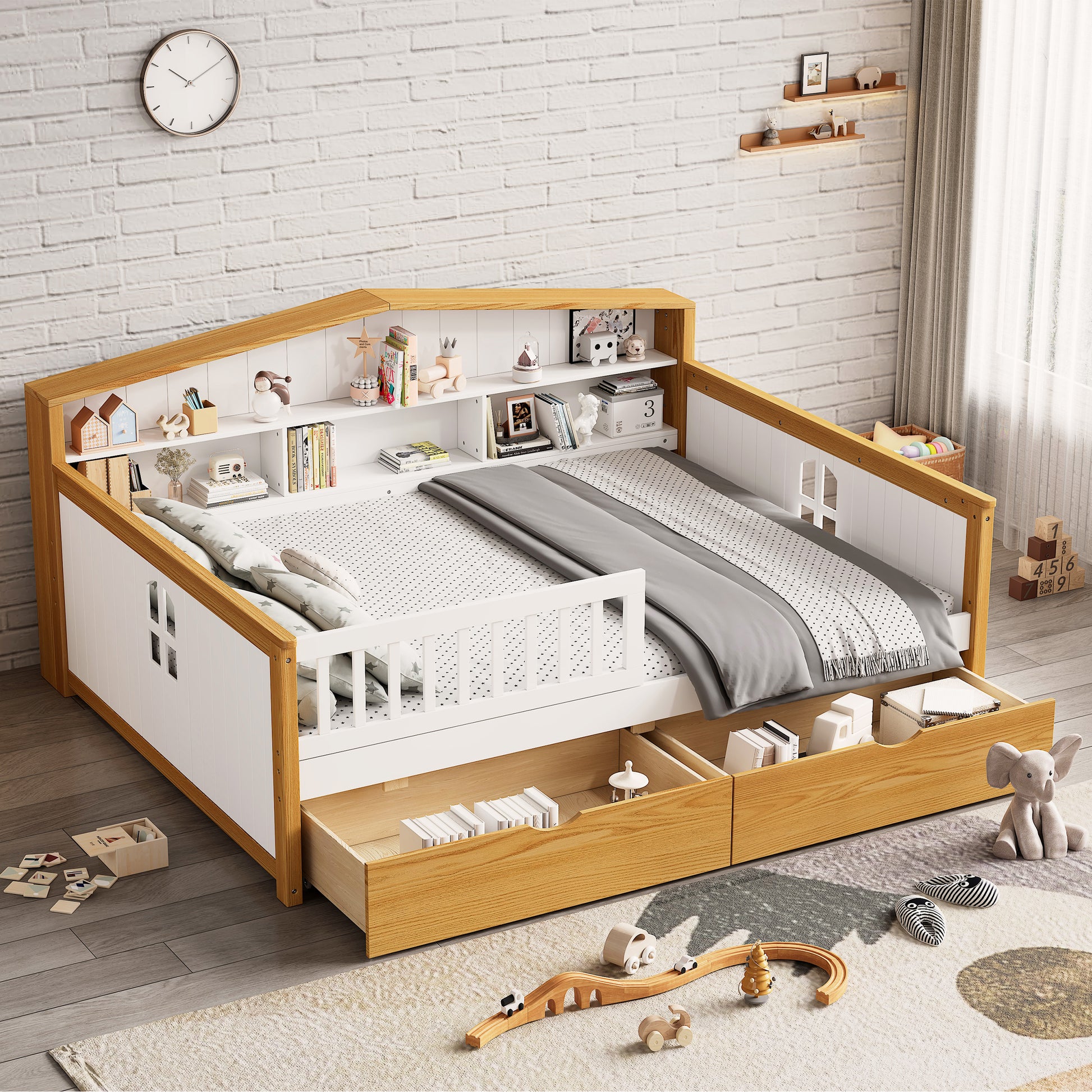 Full Size House Shape Daybed With Two Drawers And Bookcase Headboard Wooden Bed For Girls Boys Teens, No Box Spring Needed, Walnut And White Box Spring Not Required Full White Walnut Wood Bedroom Cute Pine Bed Frame Wood