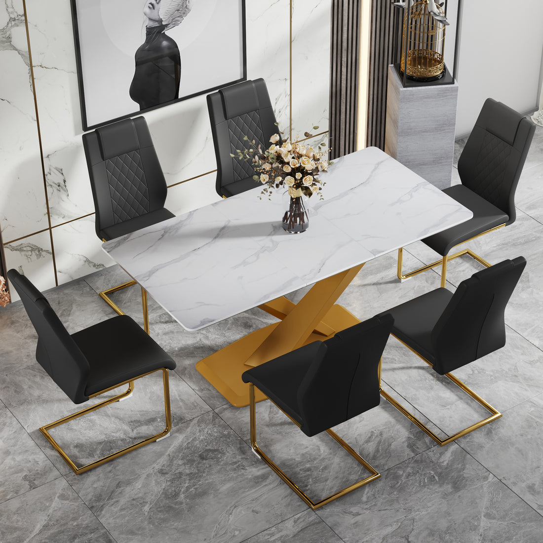Table And Chair Set, The Table Is Equipped With A Marble Patterned Mdf Tabletop And Gold Table Legs.Dining Chairs,Gold Legged Upholstered Chairs Made Of Artificial Leather. Black Gold Seats 6 Mdf