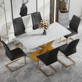 Table And Chair Set, The Table Is Equipped With A Marble Patterned Mdf Tabletop And Gold Table Legs.Dining Chairs,Gold Legged Upholstered Chairs Made Of Artificial Leather. Black Gold Seats 6 Mdf