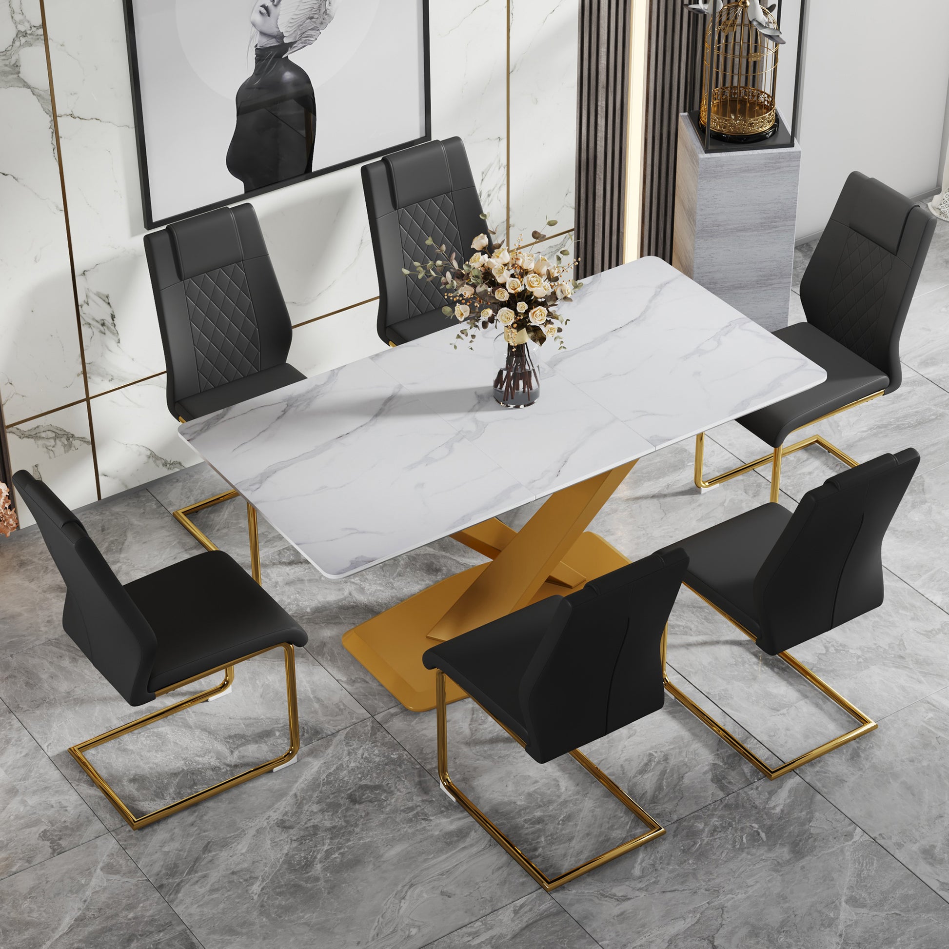 Table And Chair Set, The Table Is Equipped With A Marble Patterned Mdf Tabletop And Gold Table Legs.Dining Chairs,Gold Legged Upholstered Chairs Made Of Artificial Leather. Black Gold Seats 6 Mdf