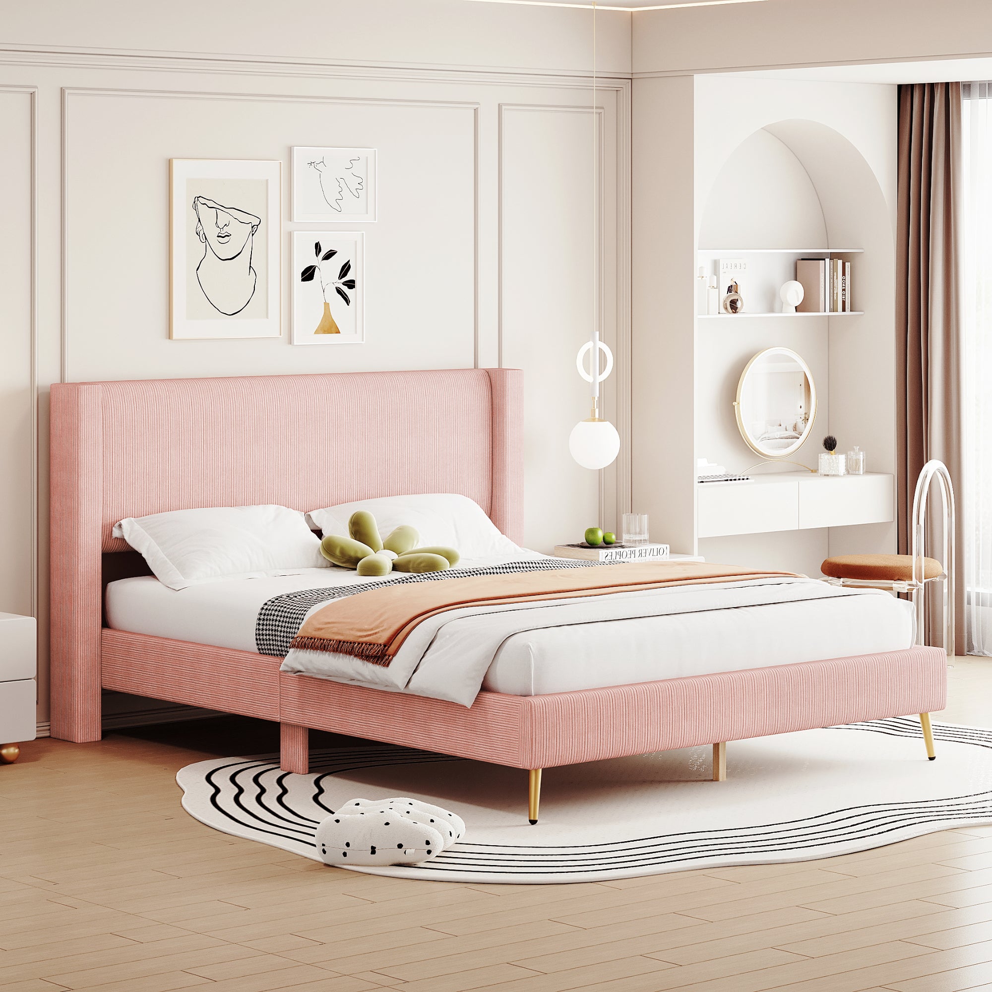 Queen Size Corduroy Platform Bed With Metal Legs, Pink Old Sku:Wf300238Aah Queen Pink Corduroy