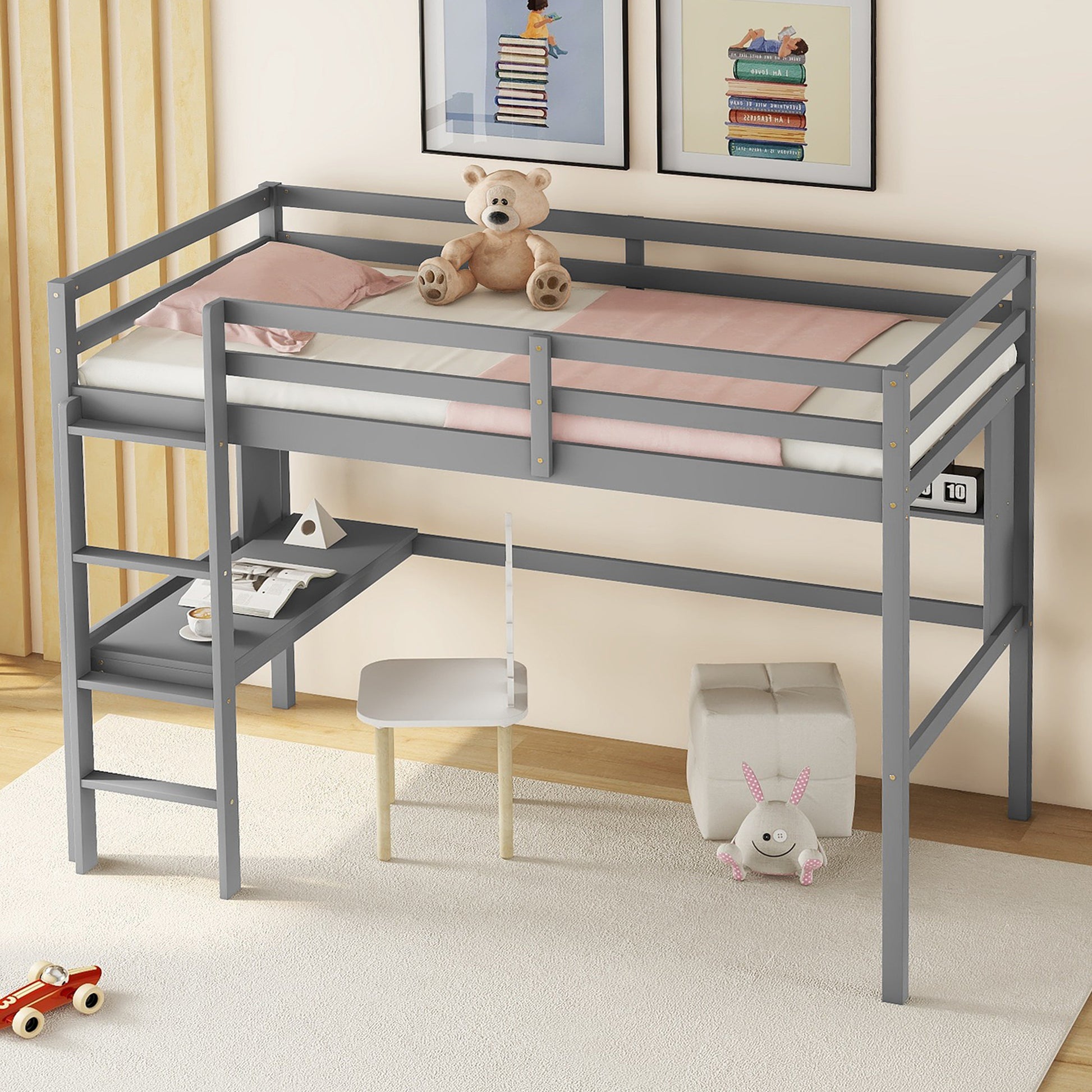 Twin Size Loft Bed With Desk And Shelves, Safety Guardrail And Ladder,Grey Twin Grey Pine
