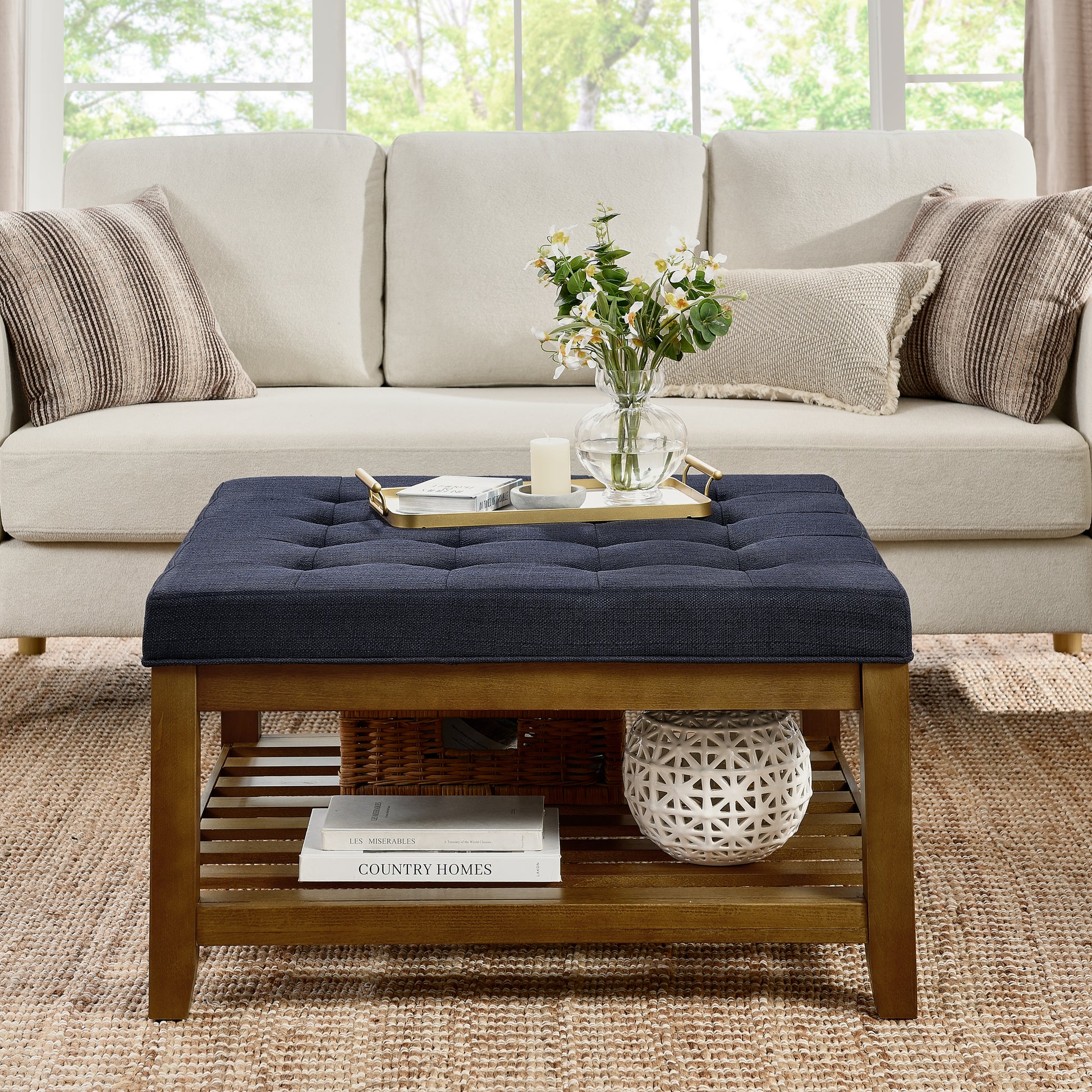 Upholstered Coffee Table Tufted Linen Large Square Ottoman With Beech Wood Shelf And Frame, Oversized Footrest Ottoman For Living Room, Navy Blue Light Brown Wood Primary Living Space Heavy Duty Beech Wood Navy Blue Linen Or Linen Blend Medium Firm
