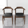 Leon Mid Century Modern Leather Dining Chair Set Of 2 Black,Wood Brown Dining Room Genuine Leather,Solid Wood