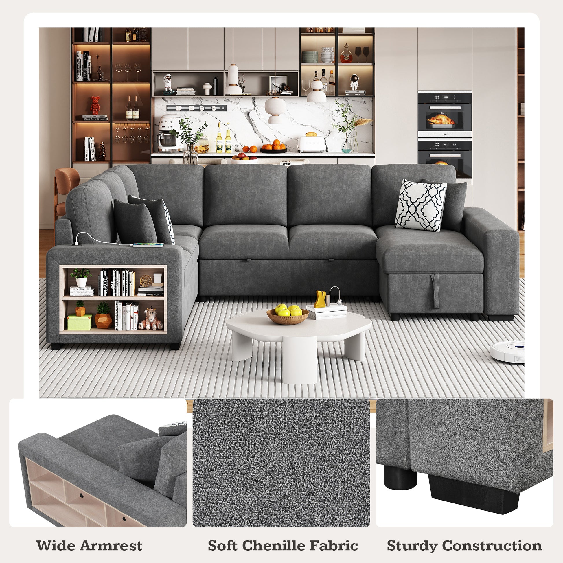109" U Shaped Sectional Sofa Pull Out Sofa Bed With Two Usb Ports, A Storage Chaise Lounge And Four Back Pillows For Living Room, Grey Grey Foam Chenille 5 Seat