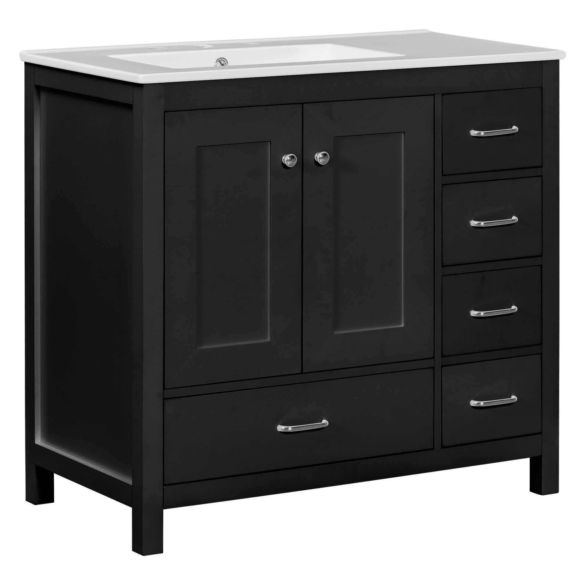 36" Black Bathroom Vanity With Ceramic Sink Combo, Abundant Storage Cabinet 2 Soft Close Doors And 5 Drawers Black Bathroom Solid Wood Mdf