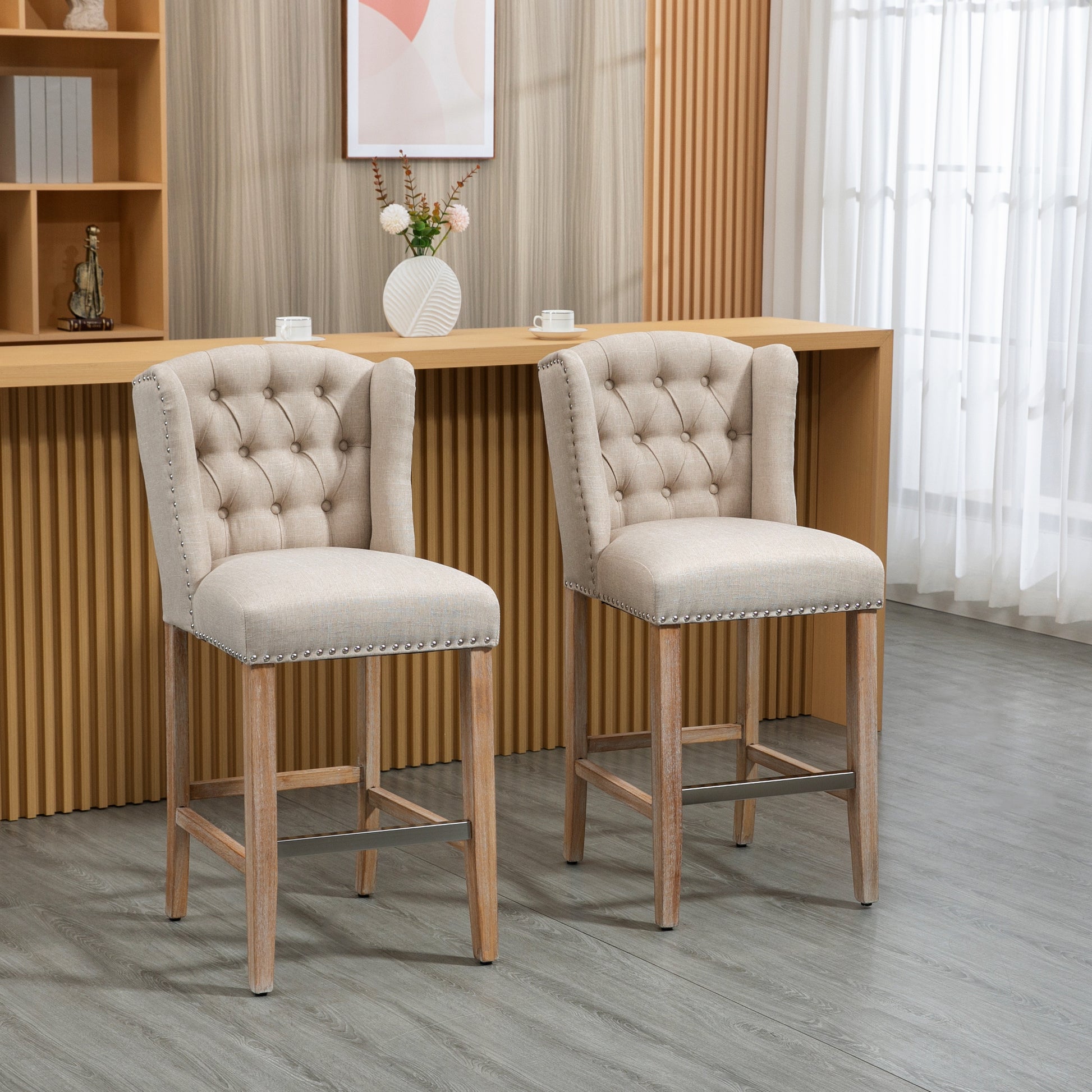 Homcom Counter Height Bar Stools Set Of 2 With Wood Legs, Beige Beige Polyester