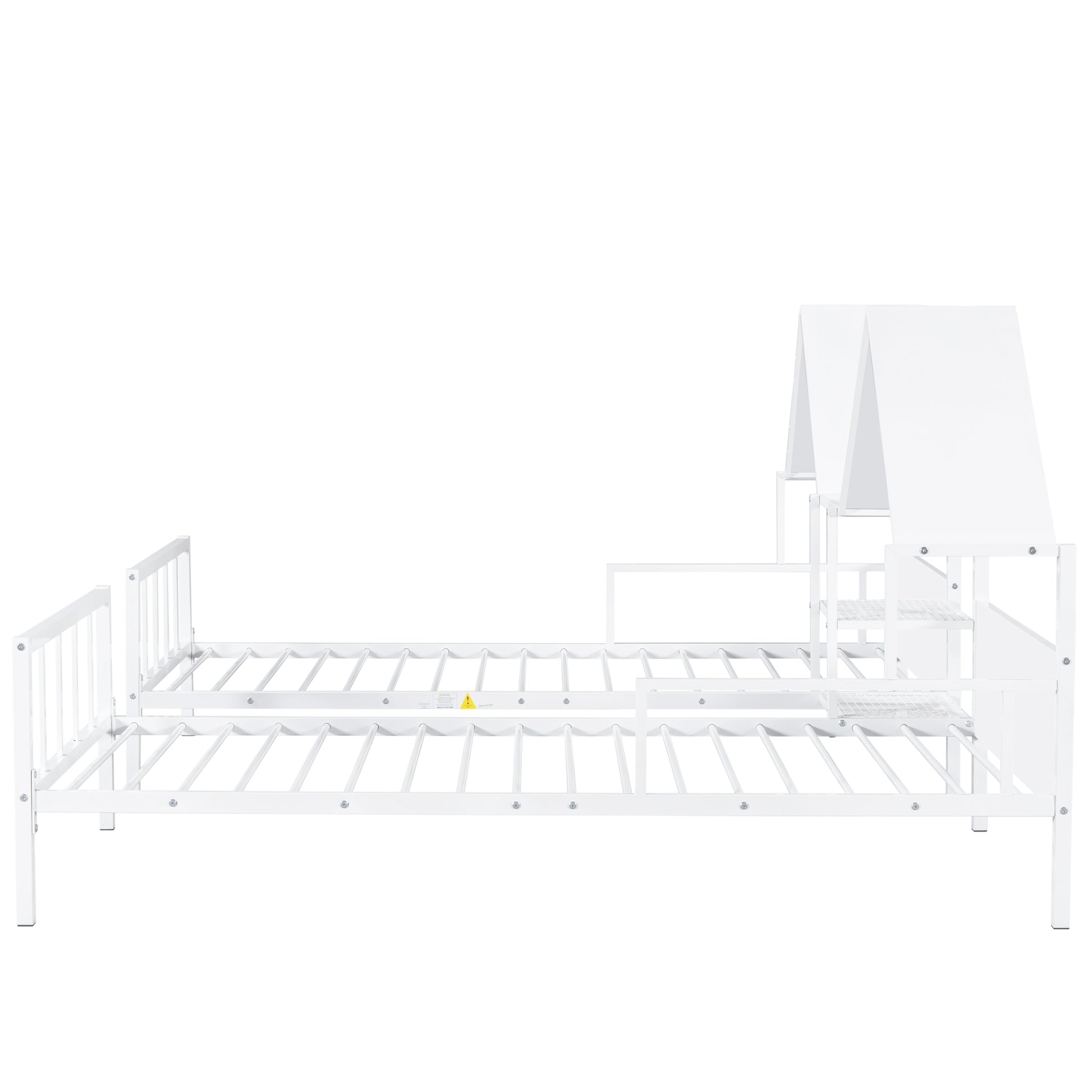 Metal Double Twin Size Platform Bed With House Shaped Headboard And A Built In Nightstand, White Box Spring Not Required Twin White Metal Metal
