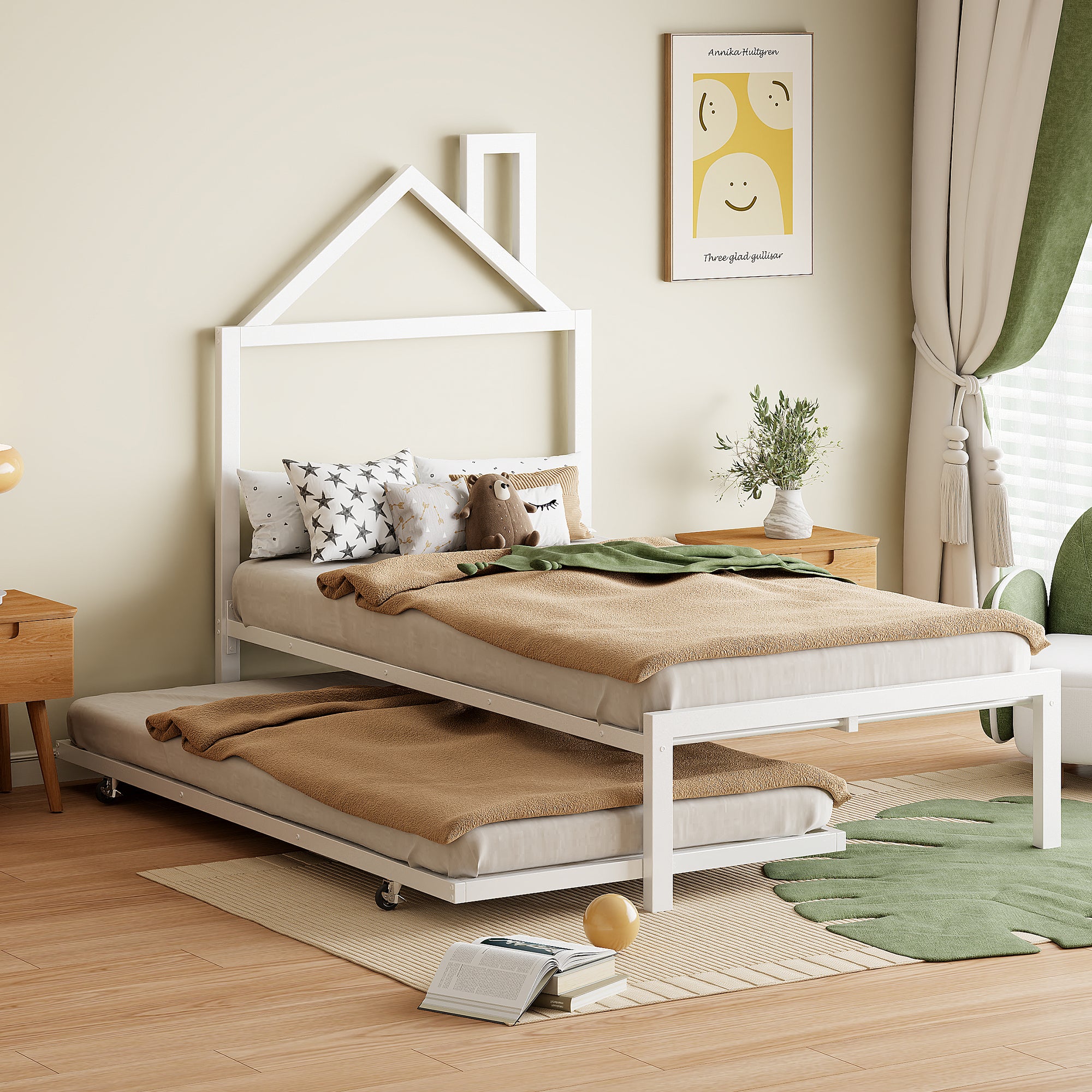 Twin Size Metal Platform Bed With Twin Size Trundle,House Shaped Headboard Design, White Twin White Metal