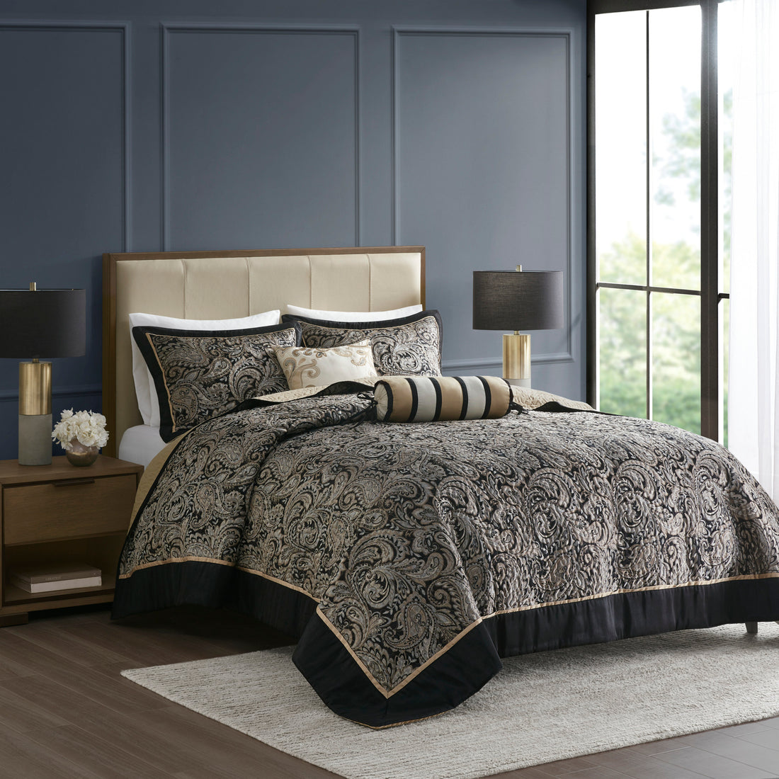 5 Piece Jacquard Bedspread Set With Throw Pillows Black Queen Queen Black Cotton