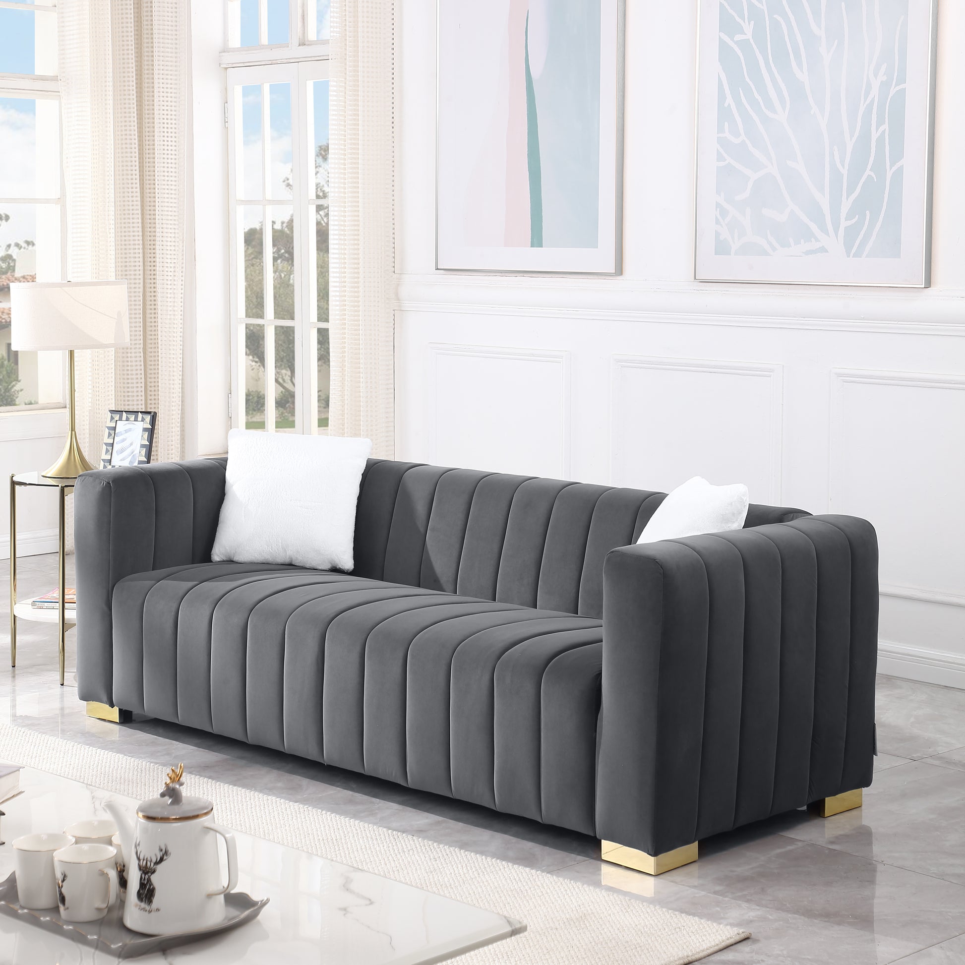 A Modern Channel Sofa Take On A Traditional Chesterfield,Grey Color,3 Seater Grey Velvet 3 Seat
