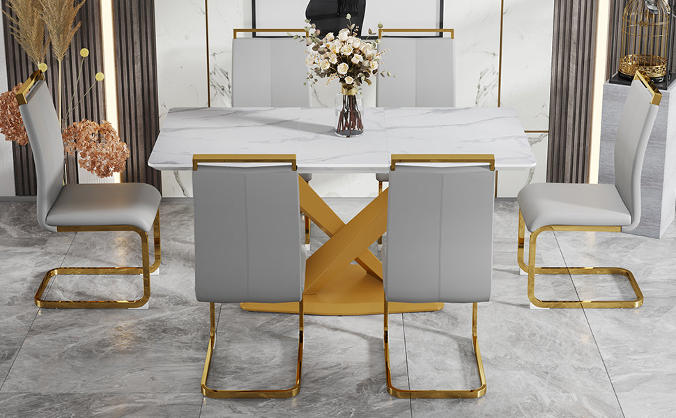 Table And Chair Set, The Table Is Equipped With A Marble Patterned Mdf Tabletop And Gold Table Legs.The Chair Is Equipped With Pu Synthetic Leather High Back Cushion And Gold Coated Metal Legs. Grey Gold Seats 6 Mdf Metal