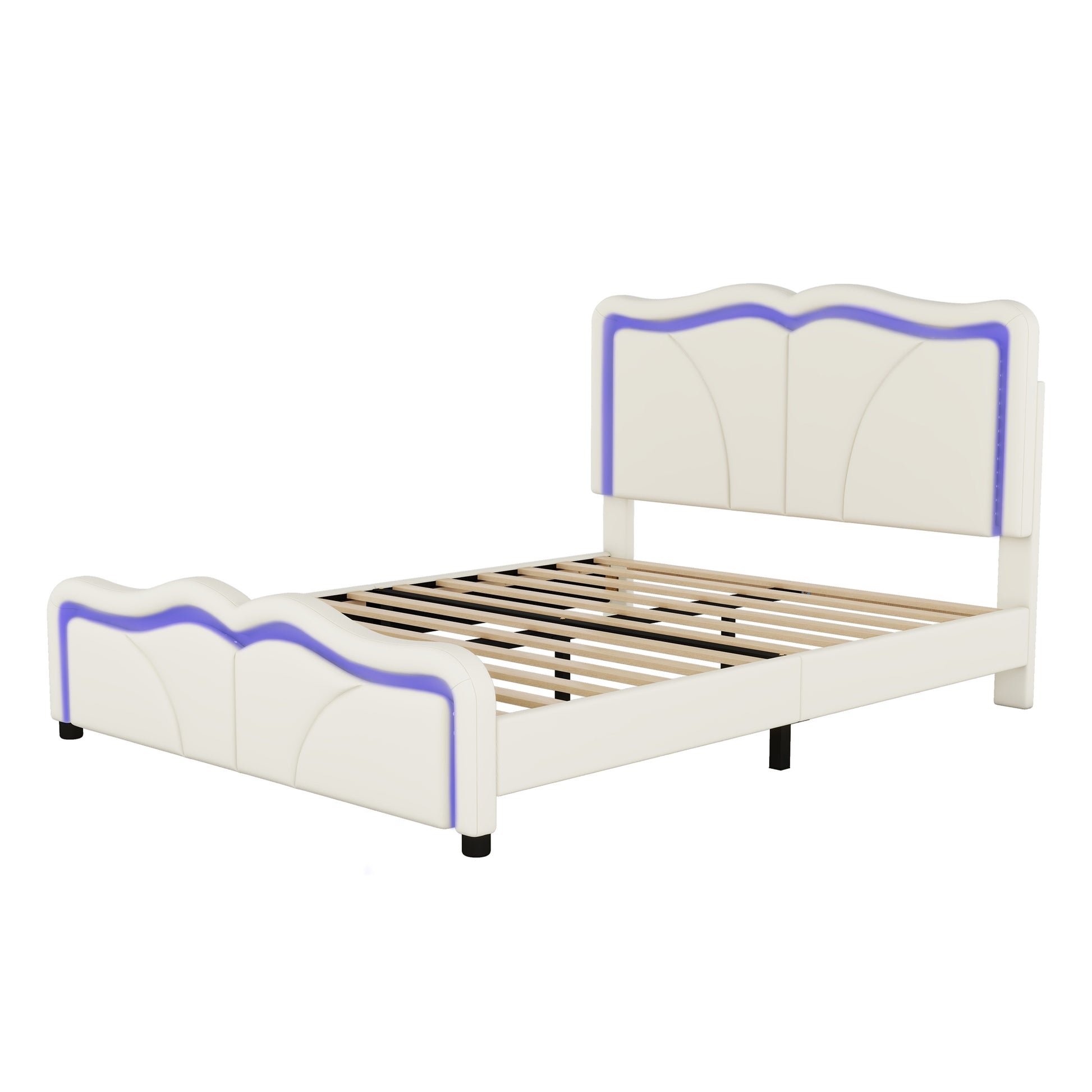 Full Size Upholstered Platform Bed With Curve Shaped And Height Adjustbale Headboard,Led Light Strips,White Full White Upholstered