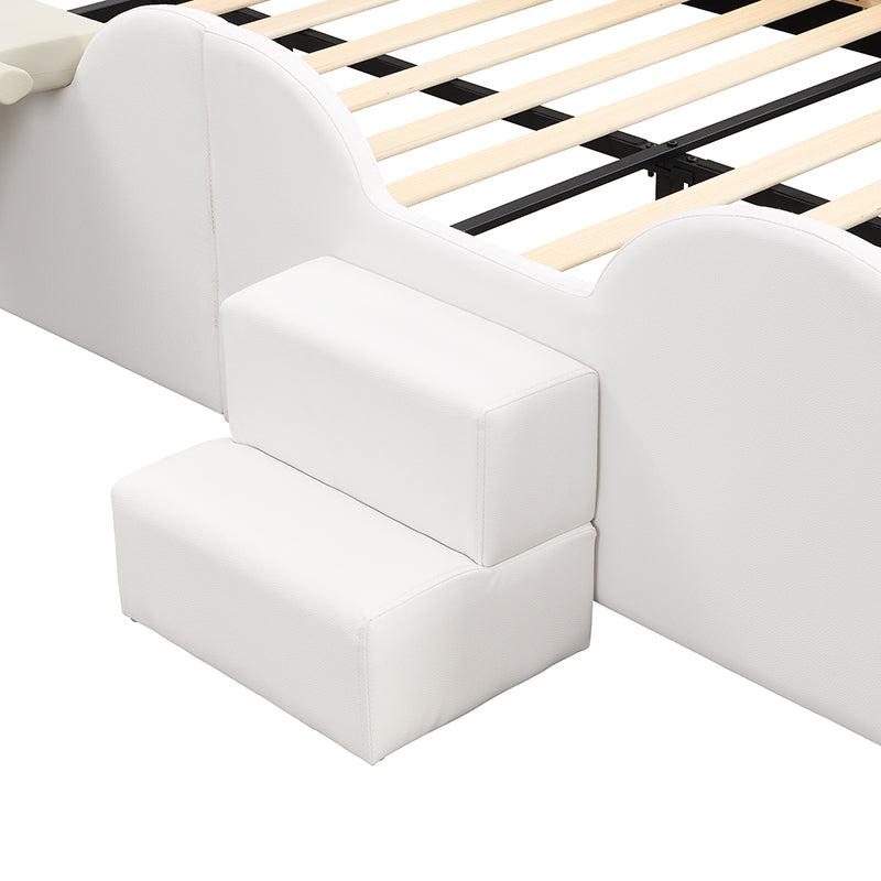 Full Size Upholstered Led Light Platform Bed With Shell Headboard And Children'S Slide, Pink Box Spring Not Required Full Pink White Wood Bedroom Bed Frame Faux Leather Upholstered